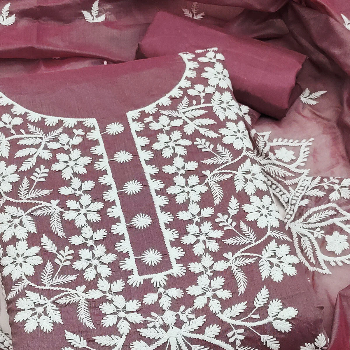 Designer Mauve Floral Thread Embroidered Chanderi Cotton Dress Material - Image 2
