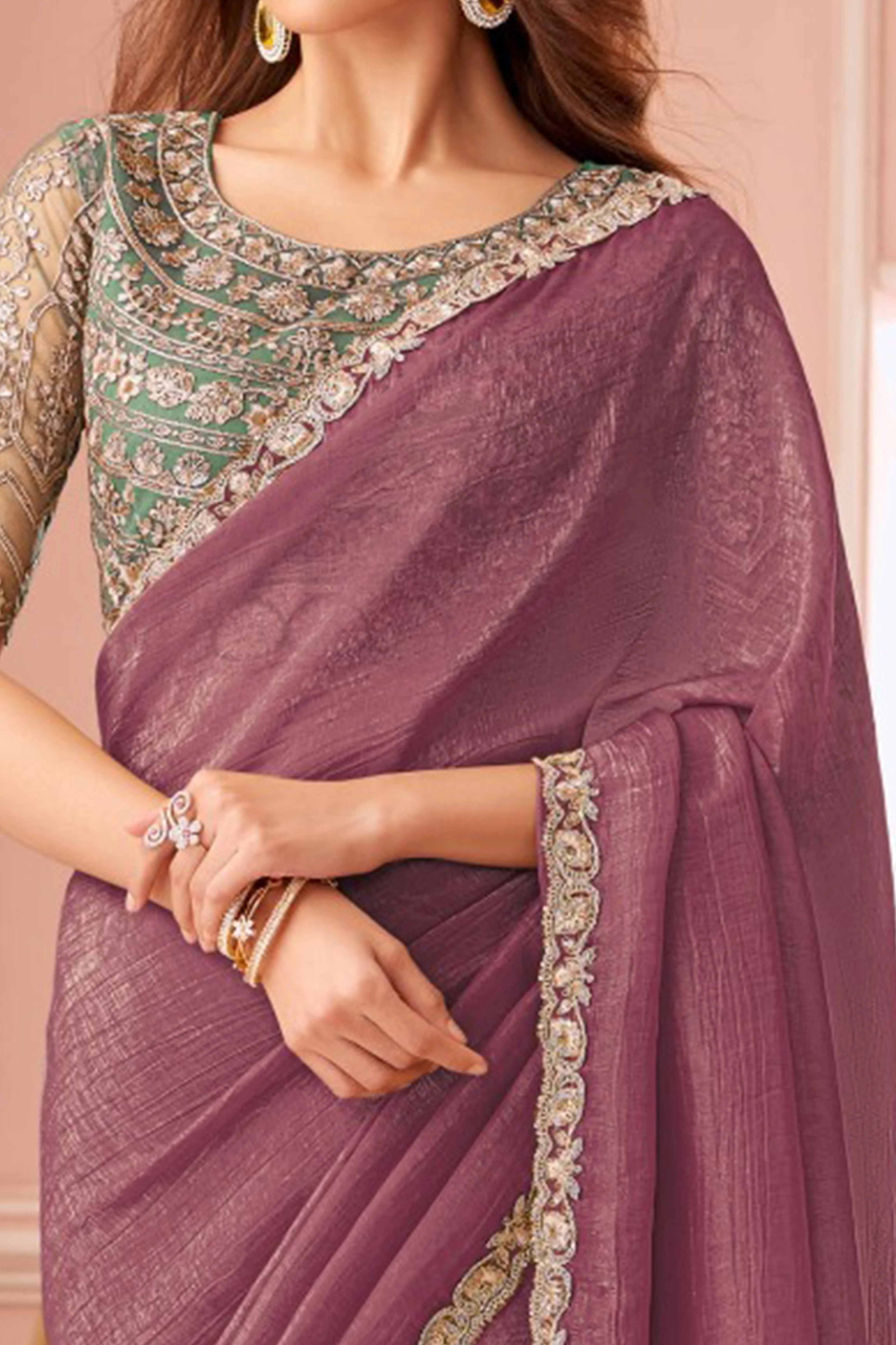 Designer Mauve Sequin Embroidered Georgette Saree for Party Functions - Image 2