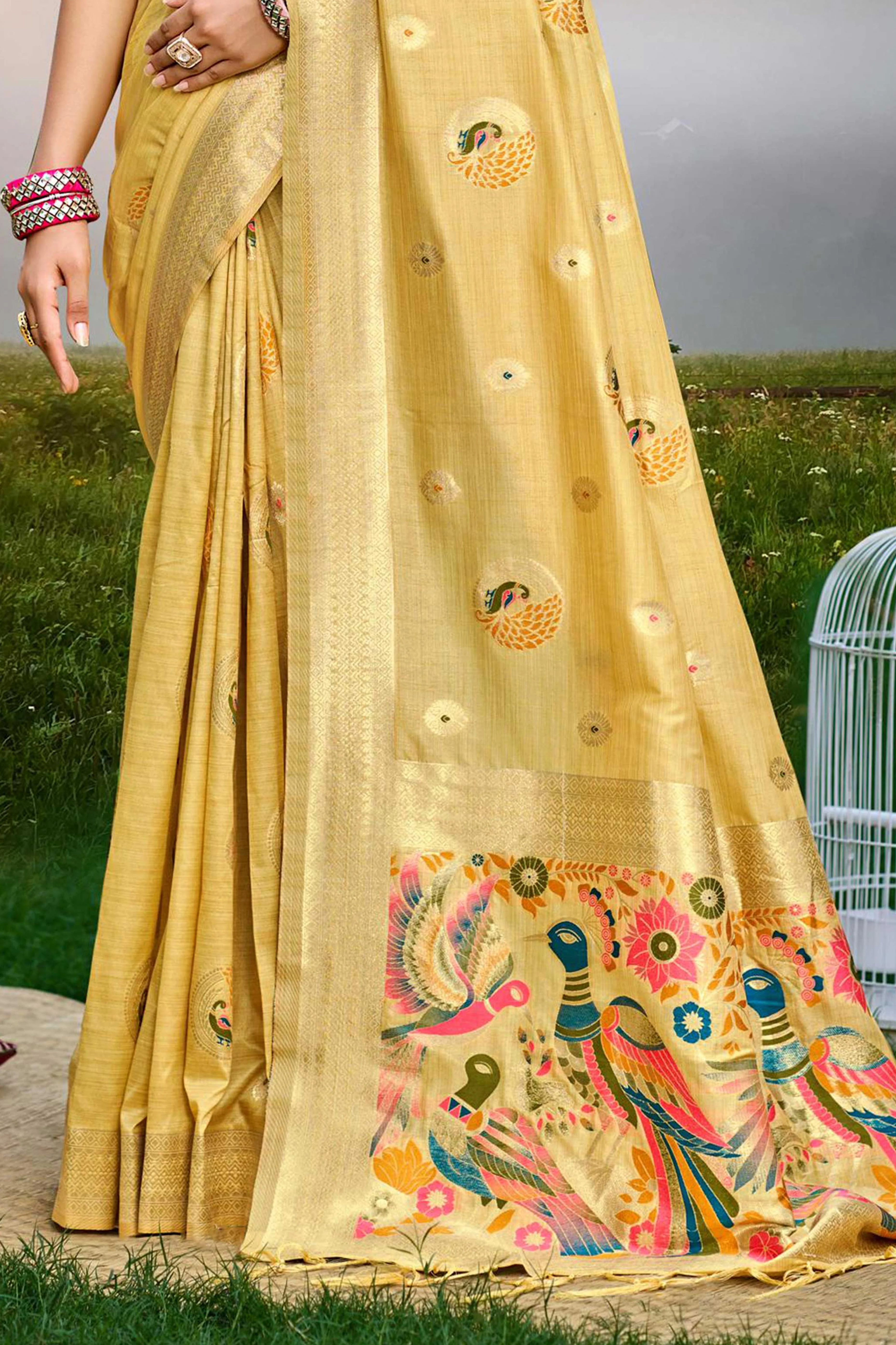 Designer Mustard Assam Silk Blend Saree Adorned With Peacock Zari Weaving & Tassel Pallu - Image 5