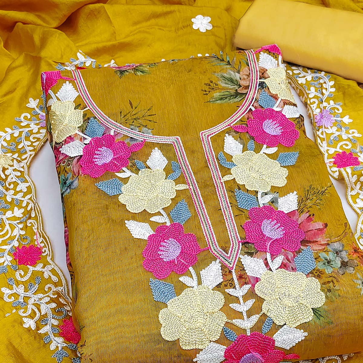 Designer Mustard Floral Digital Printed Shimmer Silk Dress Material Featuring Embroidery Work - Image 2