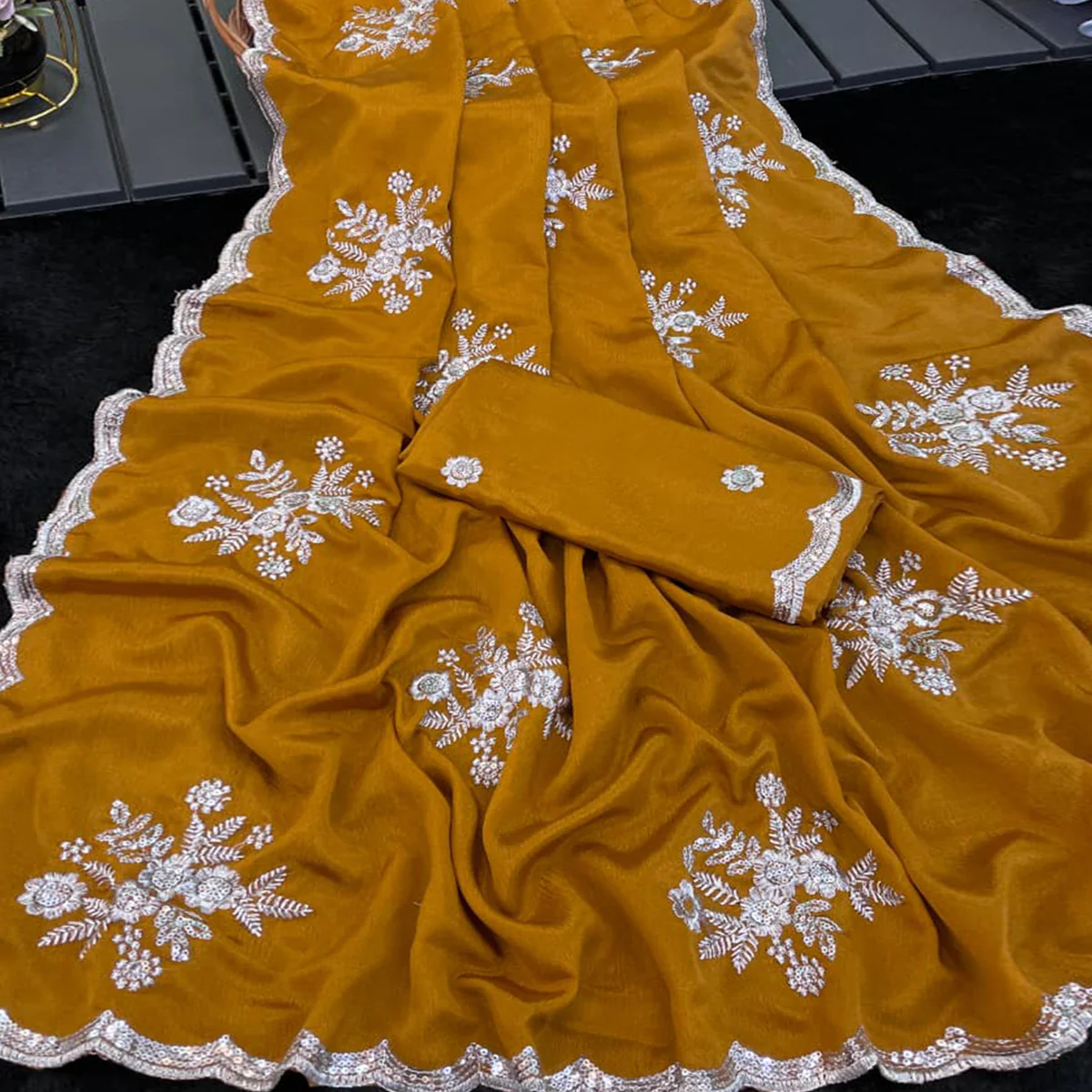 Designer Mustard Pure Chinon Saree Highlighted with Elegant Sequins Embroidery - Image 2
