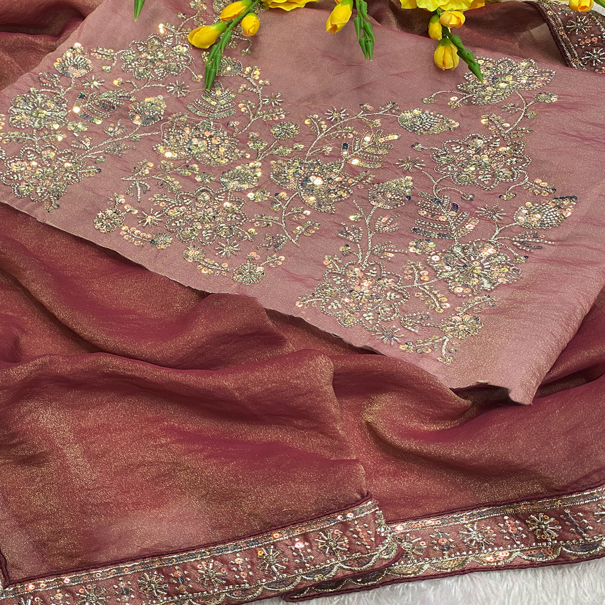 Designer Muted Mauve Satin Saree Featuring Stone & Embroidery Work - Image 2
