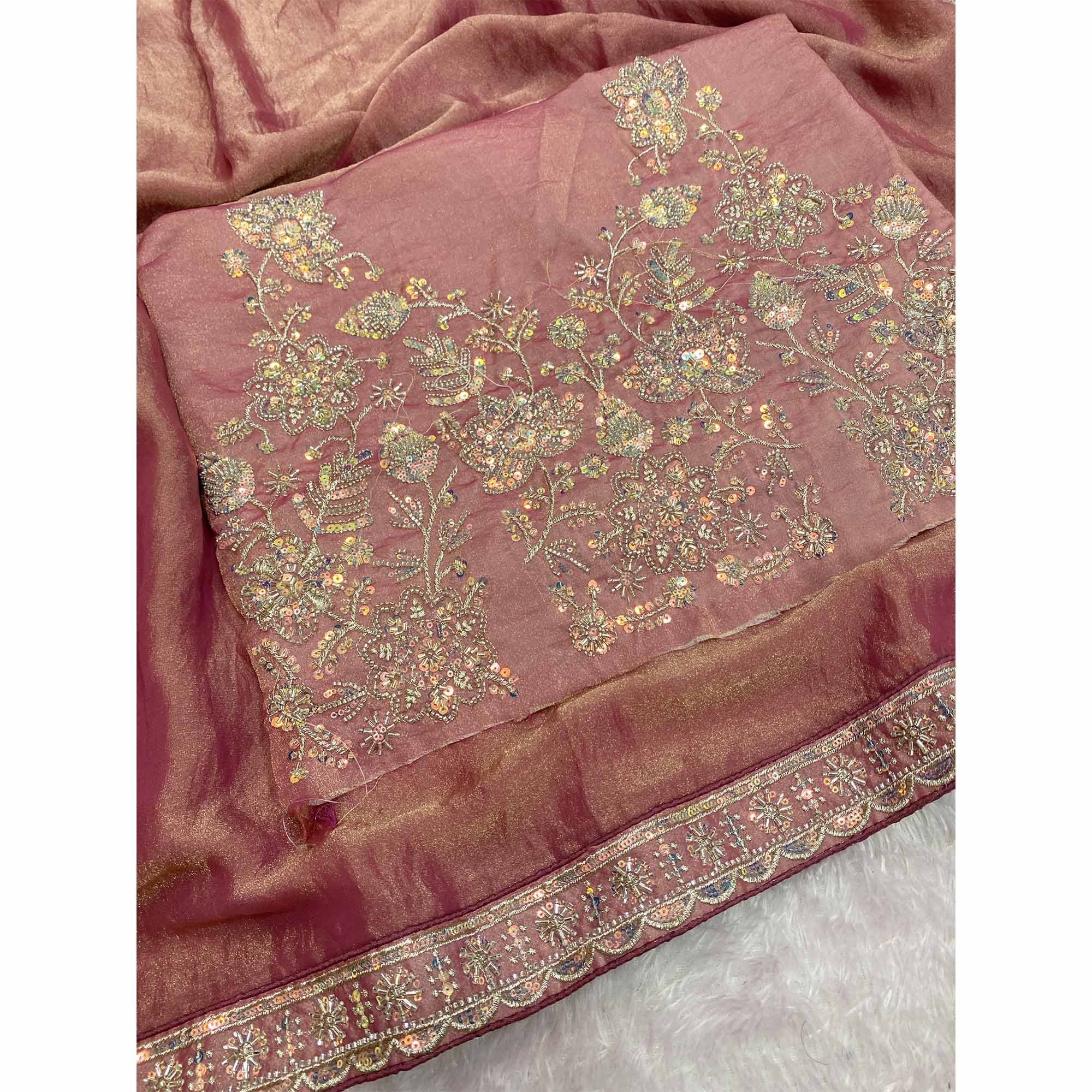 Designer Muted Mauve Satin Saree Featuring Stone & Embroidery Work - Image 3