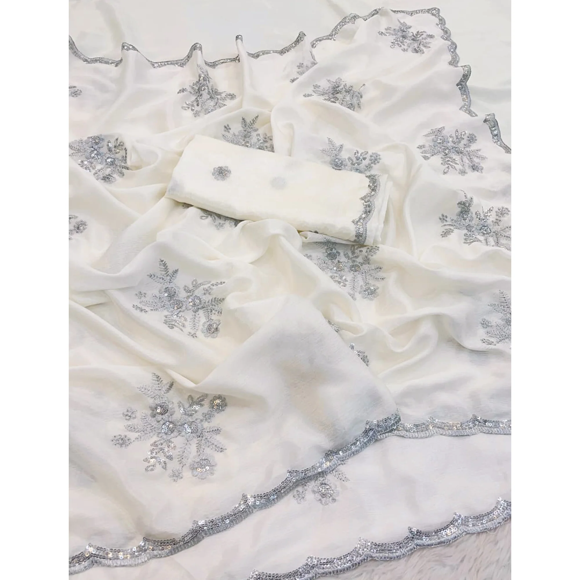 Designer Off White Pure Chinon Saree Highlighted with Elegant Sequins Embroidery - Image 6