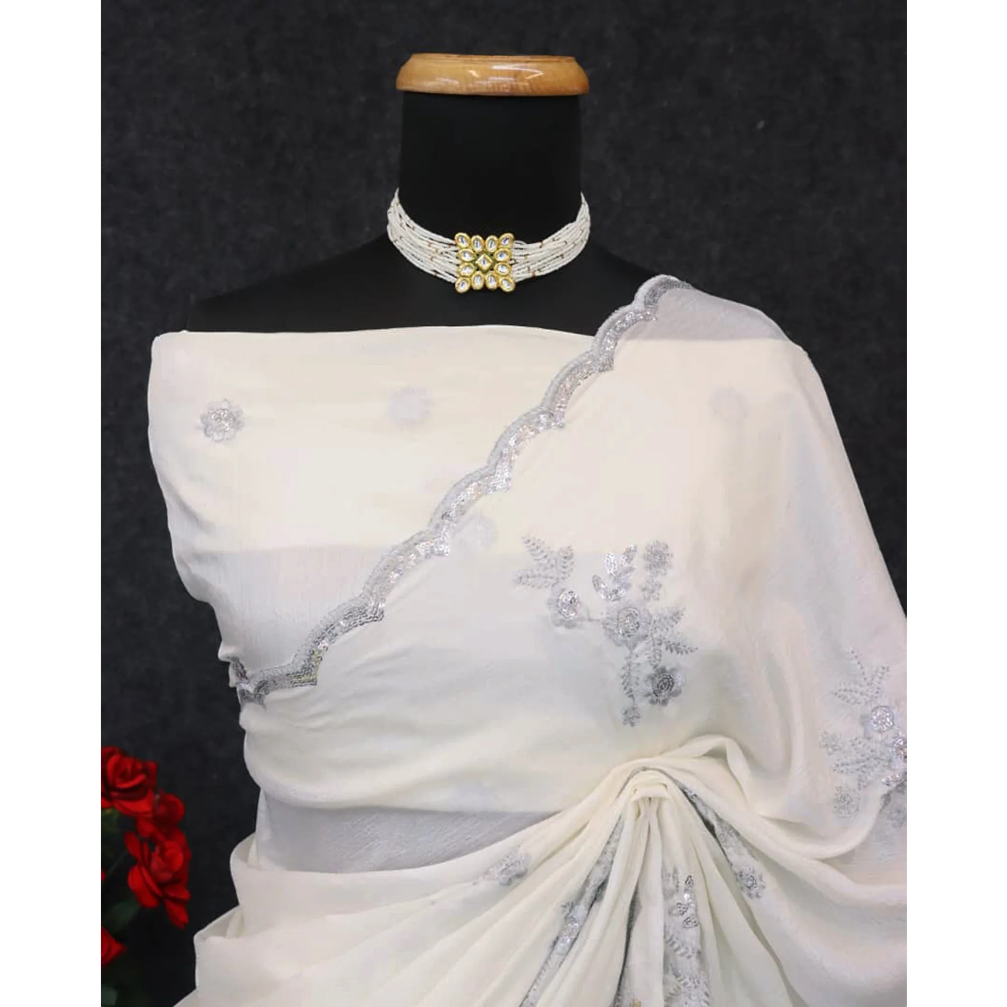 Designer Off White Pure Chinon Saree Highlighted with Elegant Sequins Embroidery - Image 9