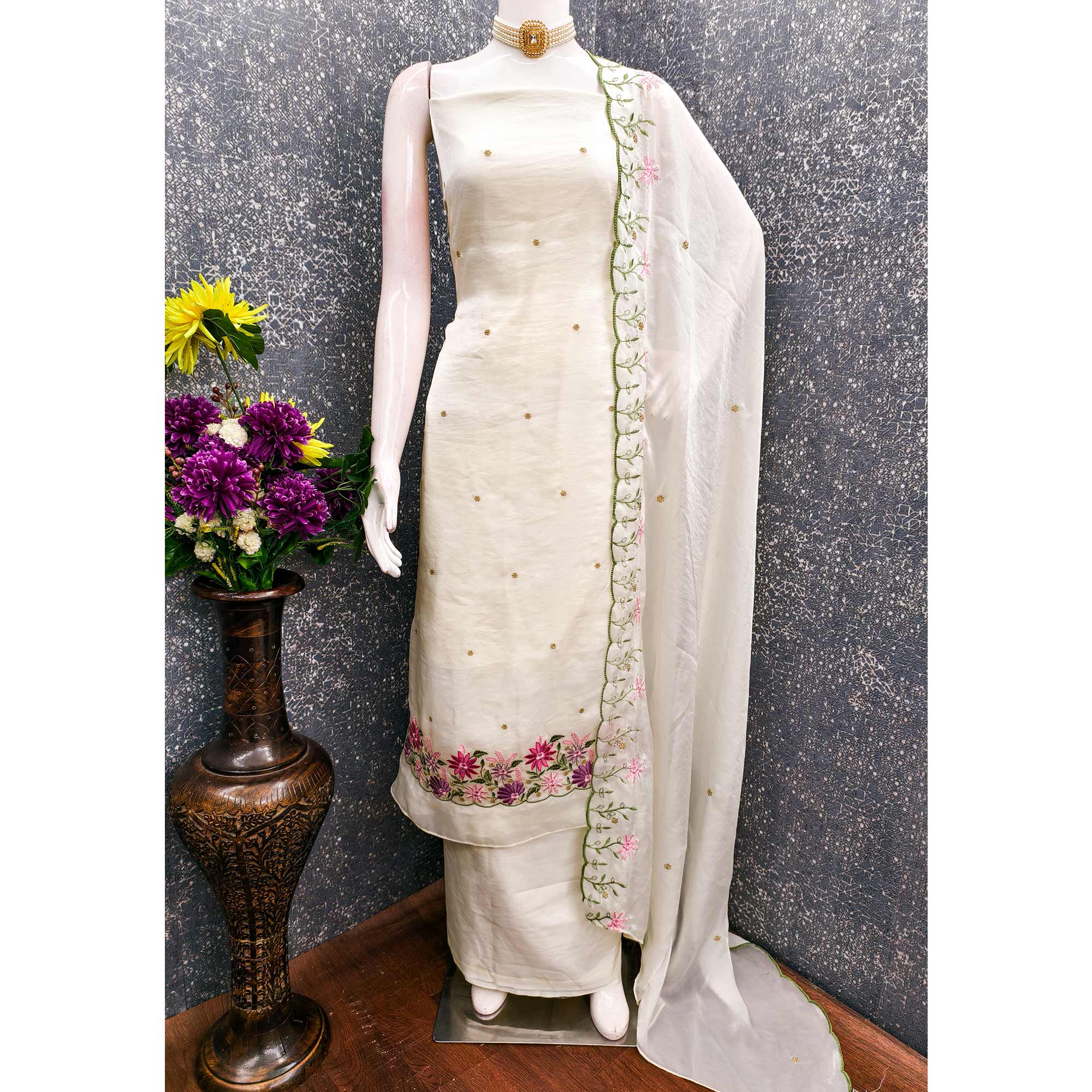 Designer Off White Satin Silk Dress Material with Fine Floral Embroidery - Image 3
