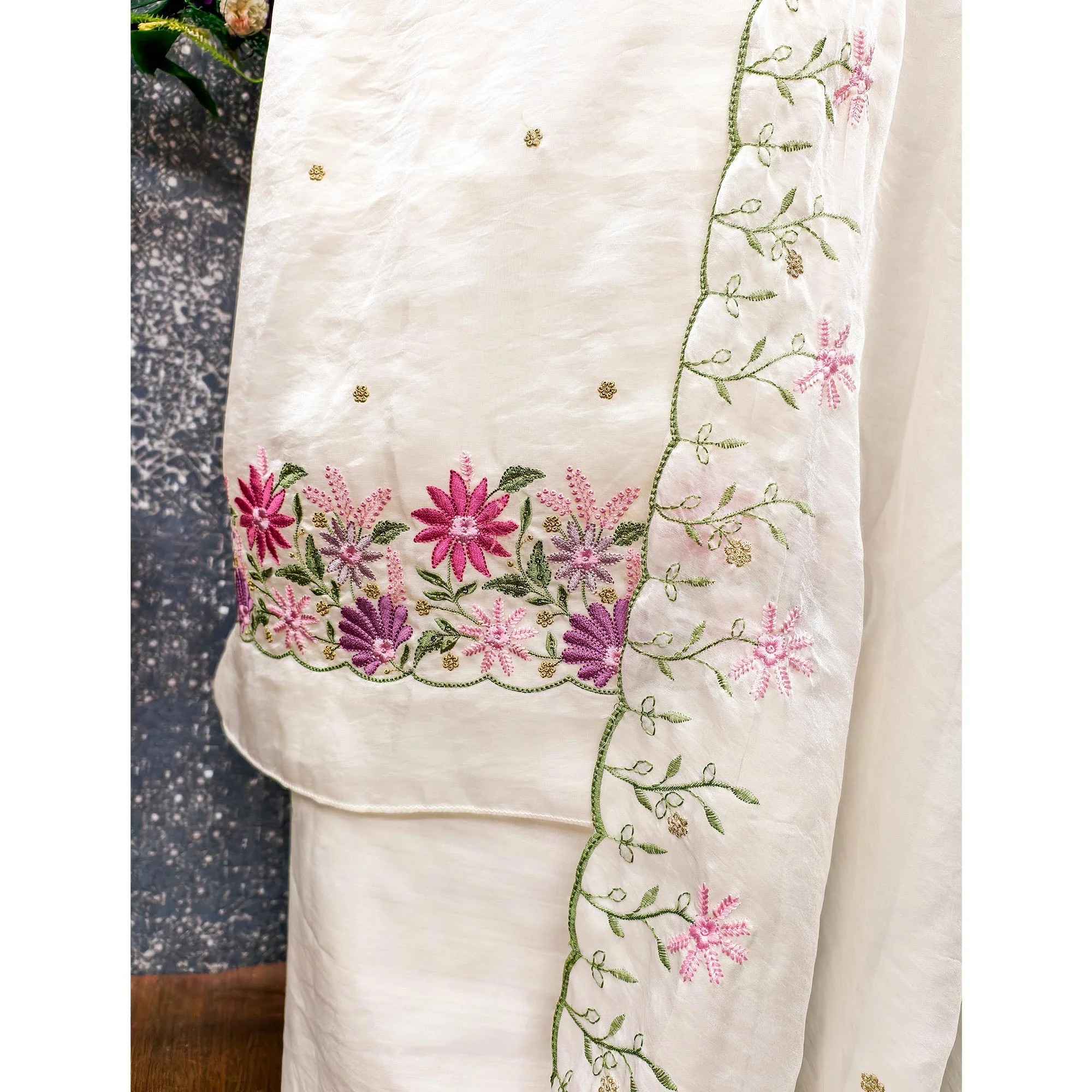Designer Off White Satin Silk Dress Material with Fine Floral Embroidery - Image 4