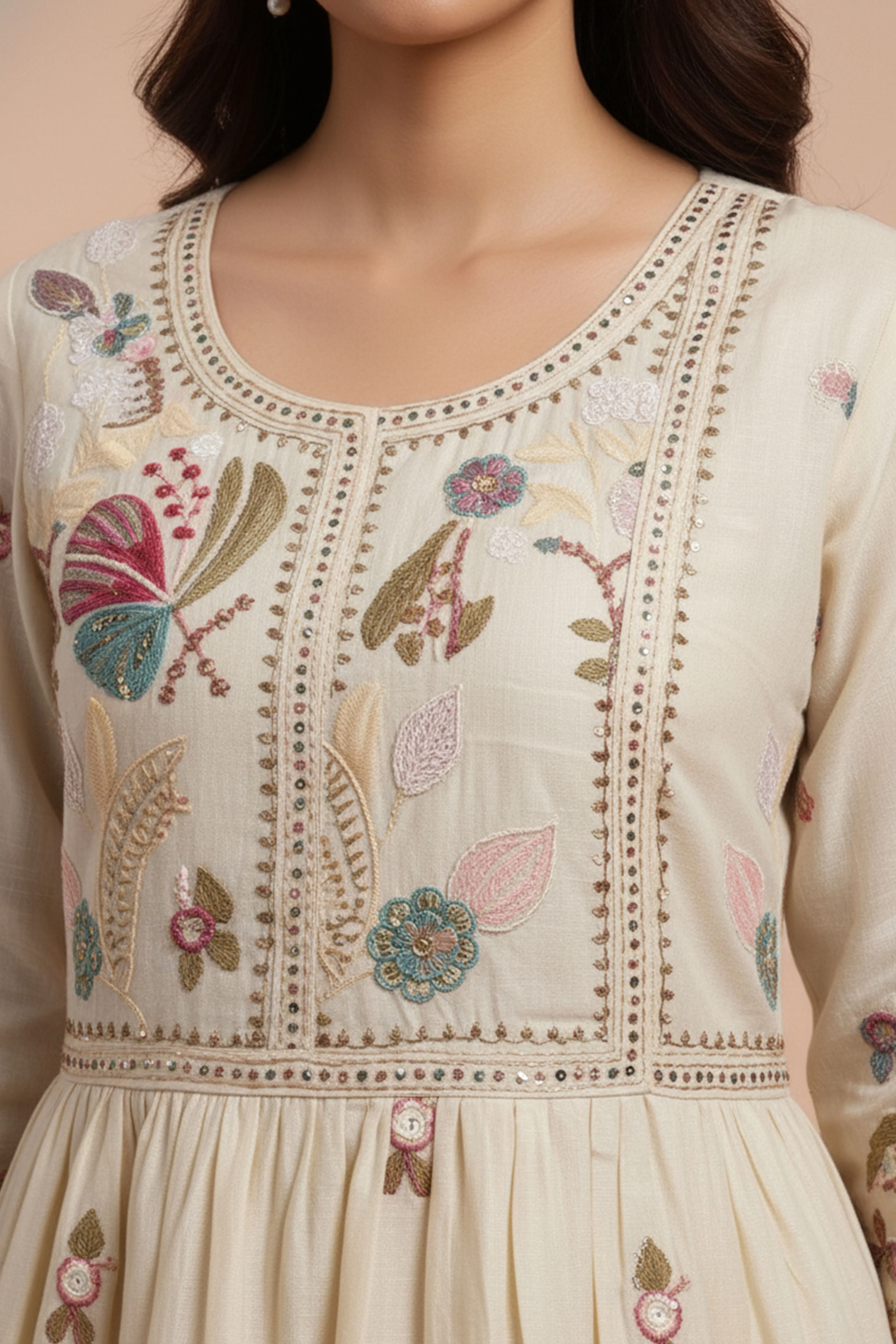 Designer Off White Viscose Tissue Salwar Suit Featuring Exquisite Thread and Bead Embroidery - Image 2