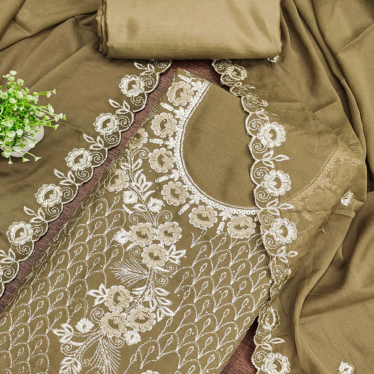 Designer Olive Floral Work Embroidered Georgette Unstitched Dress Material - Image 2