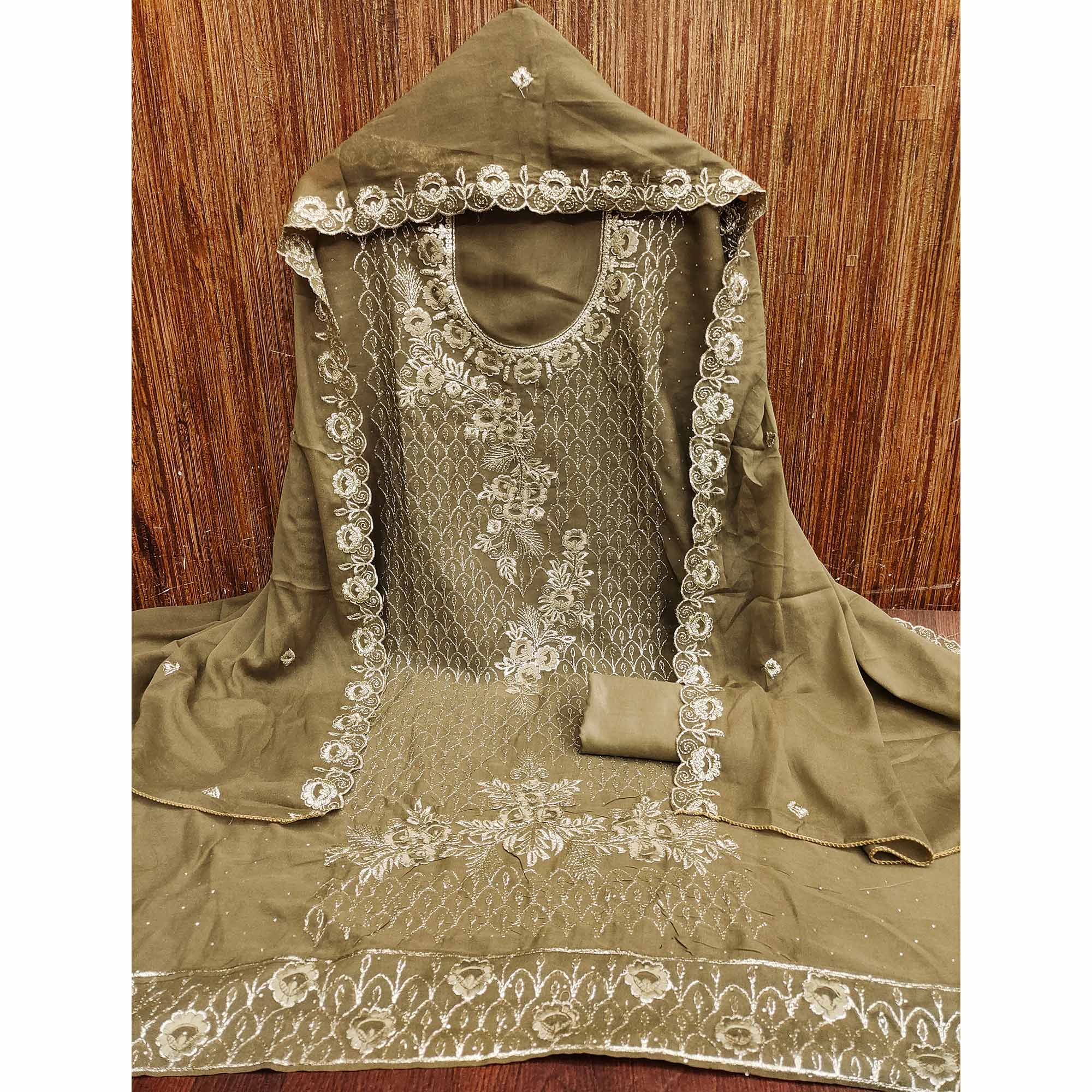 Designer Olive Floral Work Embroidered Georgette Unstitched Dress Material - Image 3