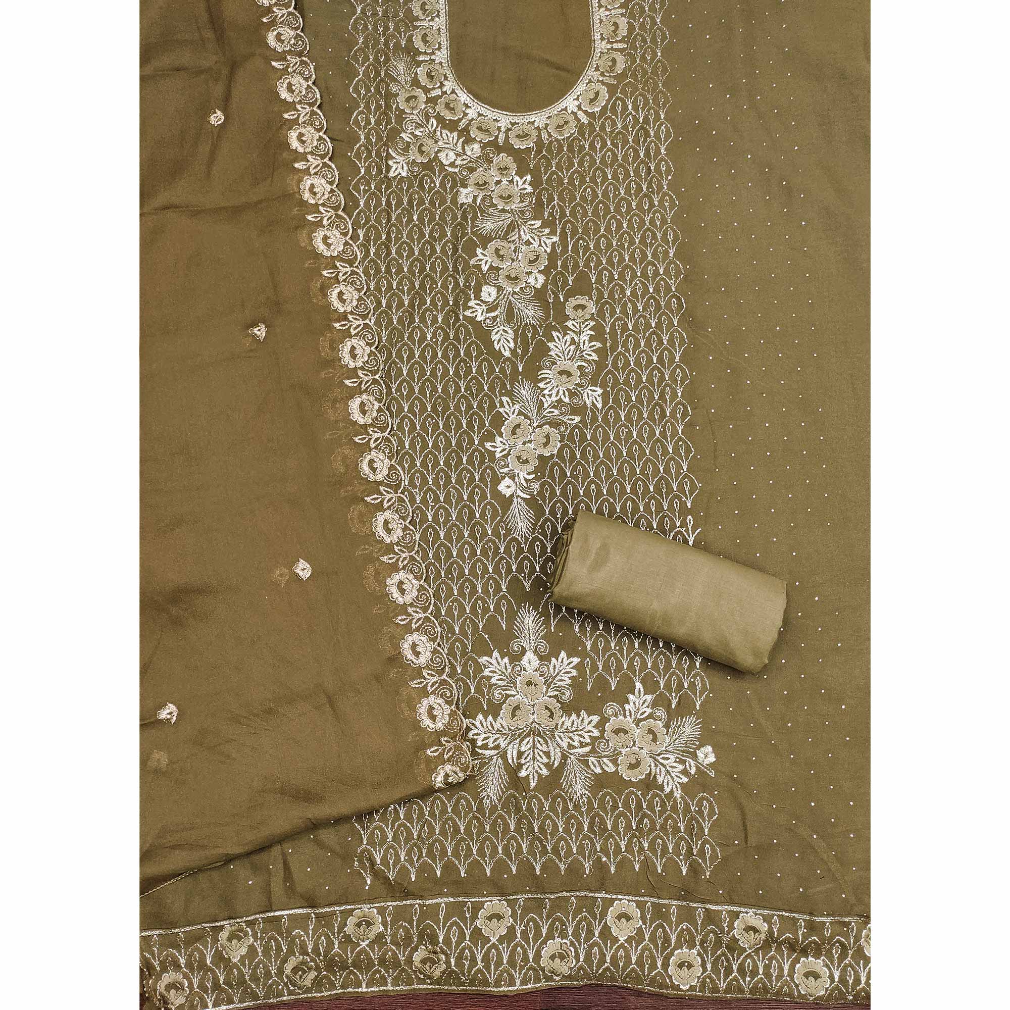 Designer Olive Floral Work Embroidered Georgette Unstitched Dress Material - Image 4
