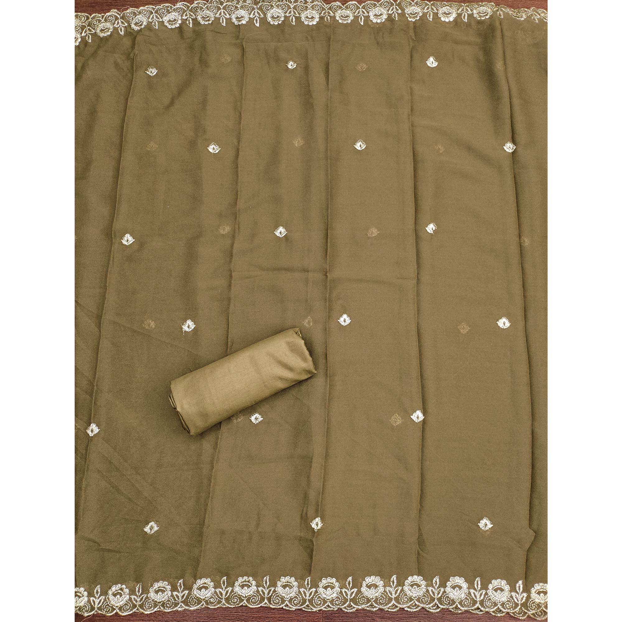 Designer Olive Floral Work Embroidered Georgette Unstitched Dress Material - Image 5