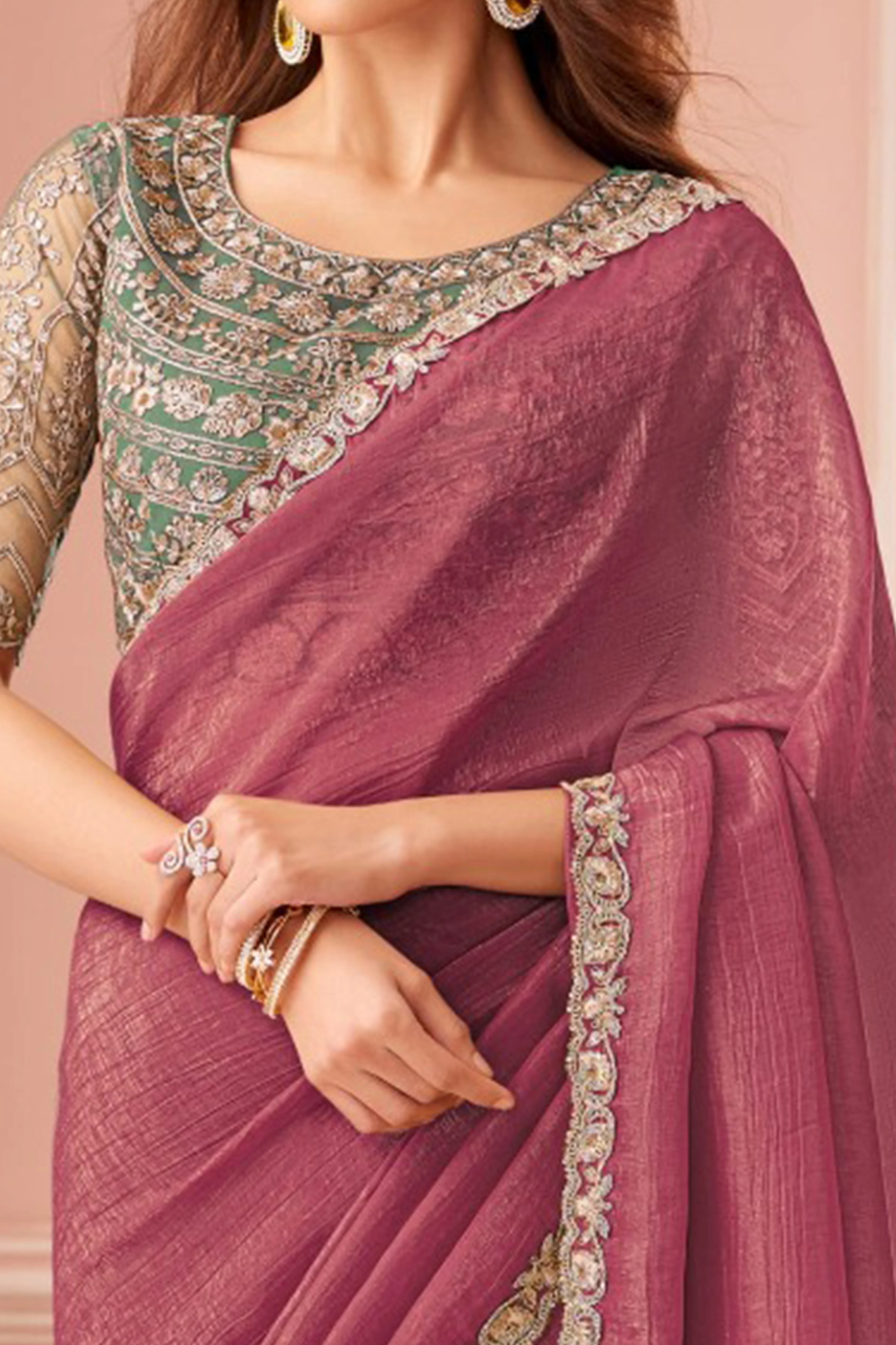Designer Onion Pink Sequin Embroidered Georgette Saree for Party Functions - Image 2