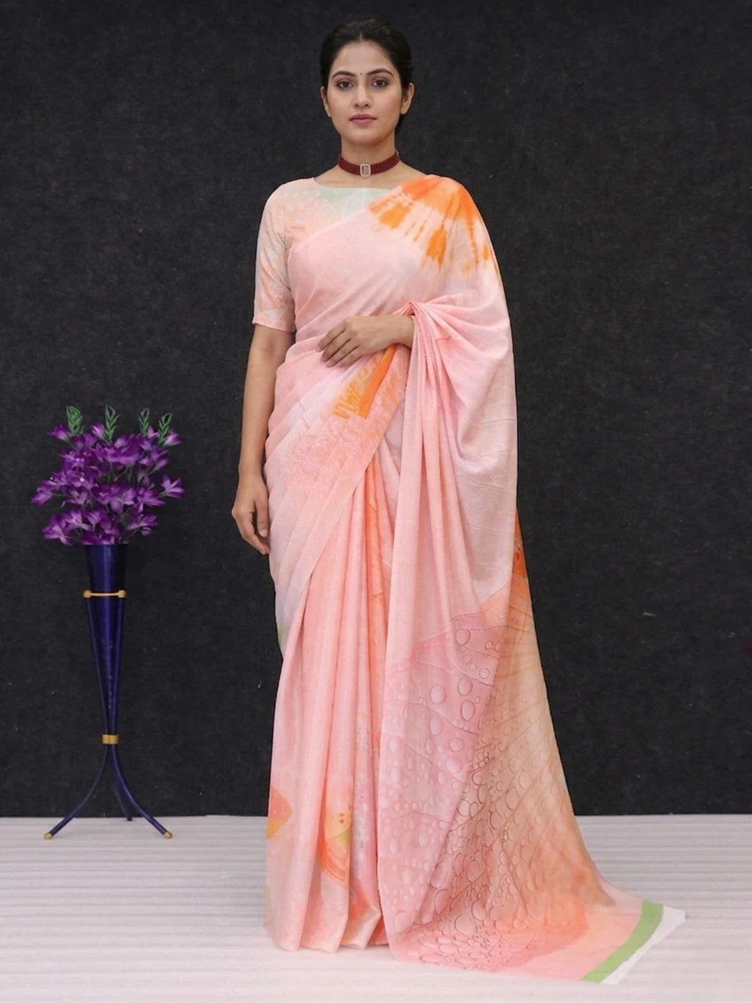 Designer Peach Abstract Digital Printed Chinon Saree With Fine Artistic Work Detailing