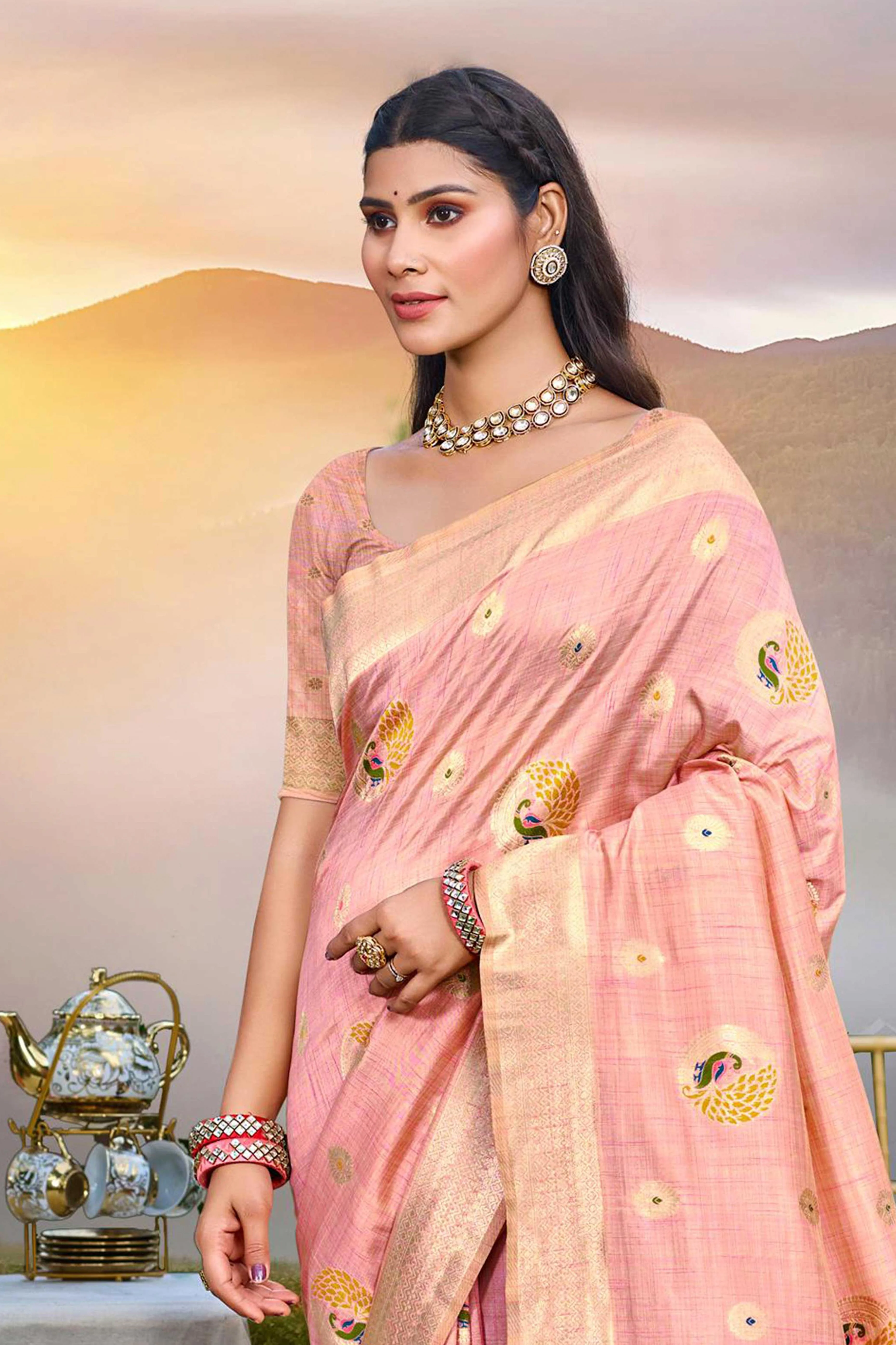 Designer Peach Assam Silk Blend Saree Adorned With Peacock Zari Weaving & Tassel Pallu - Image 4
