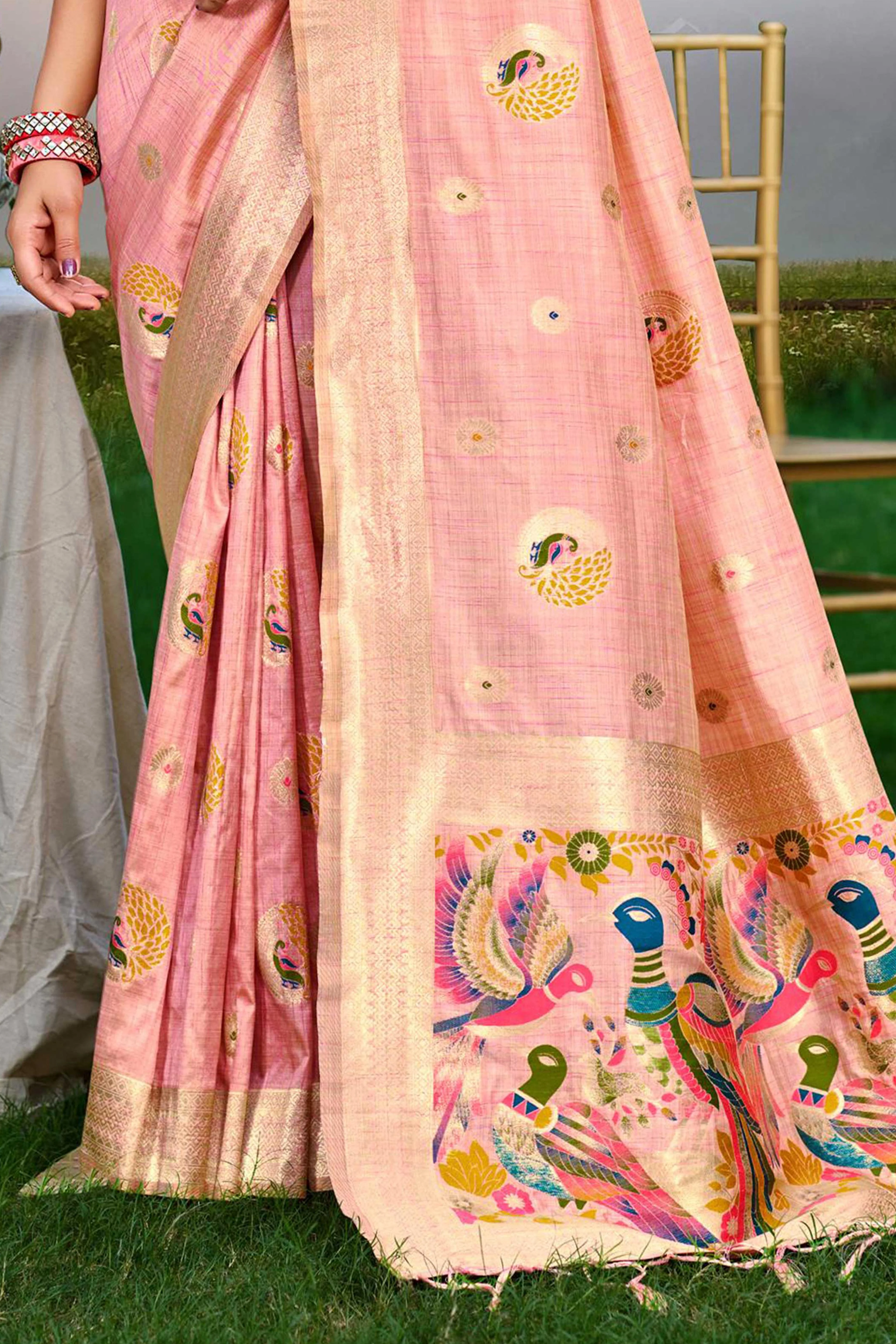 Designer Peach Assam Silk Blend Saree Adorned With Peacock Zari Weaving & Tassel Pallu - Image 5