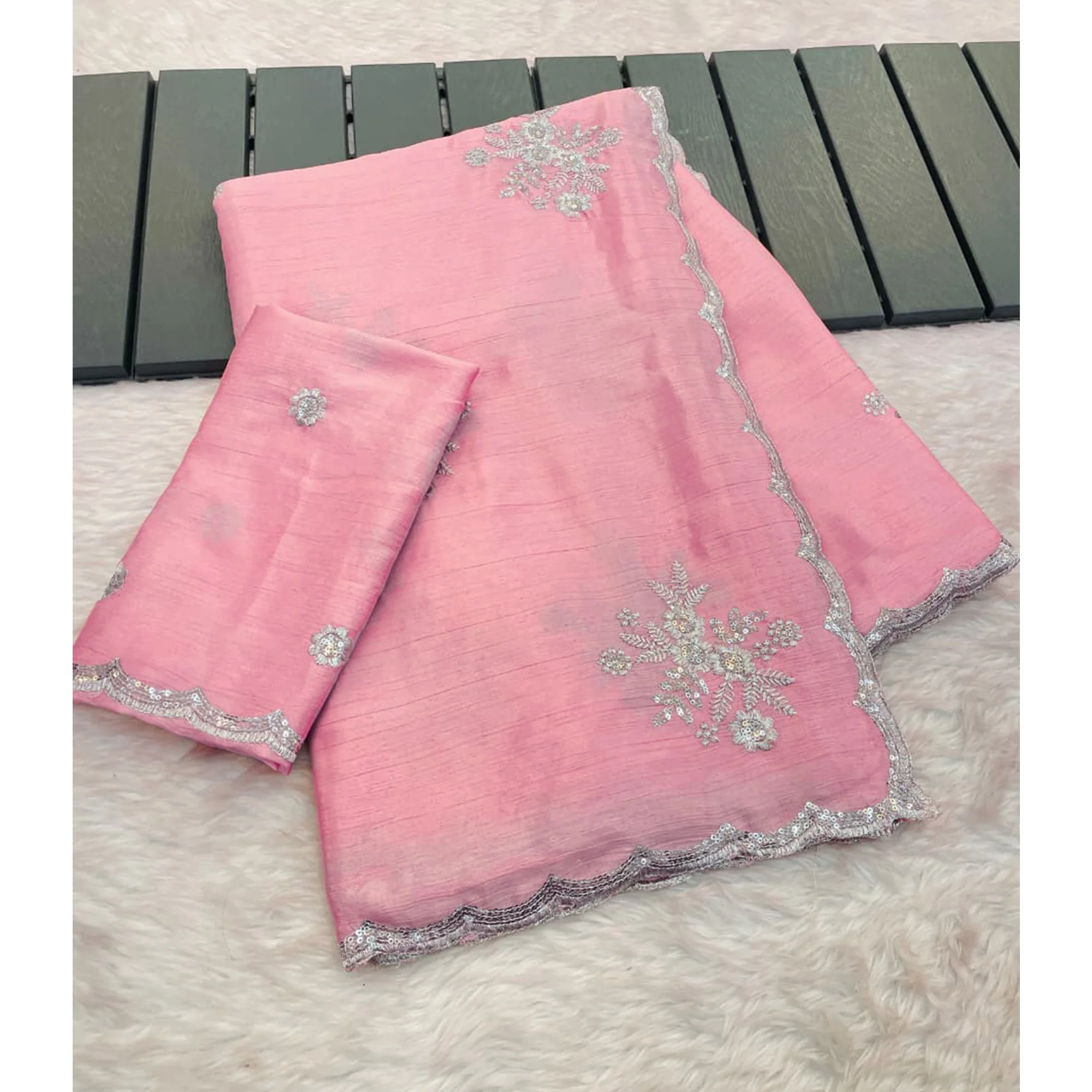 Designer Peach Pure Chinon Saree Highlighted with Elegant Sequins Embroidery - Image 5