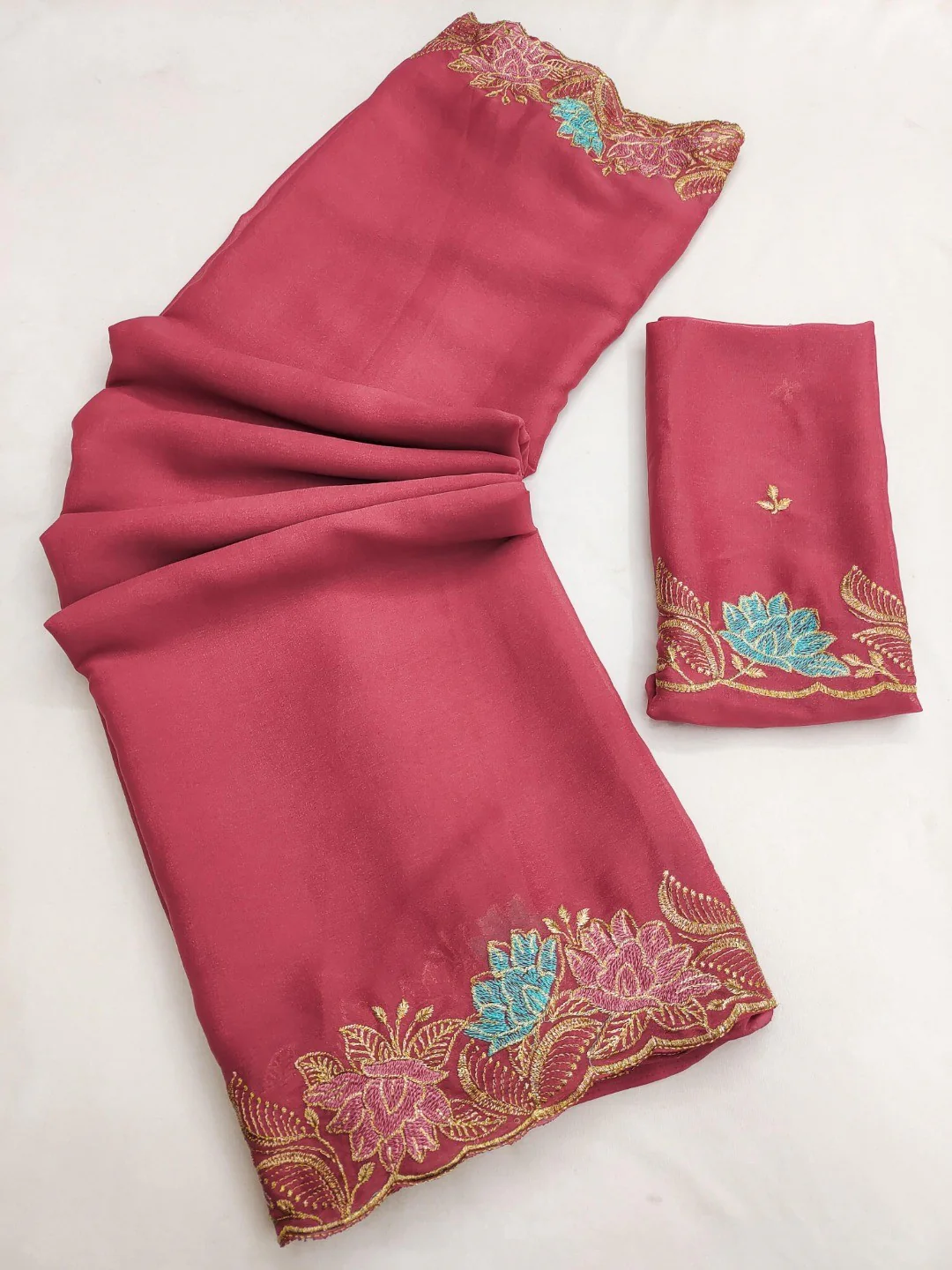 Designer Peach Tussar Silk Saree with Premium Floral Embroidered Border Work - Image 5