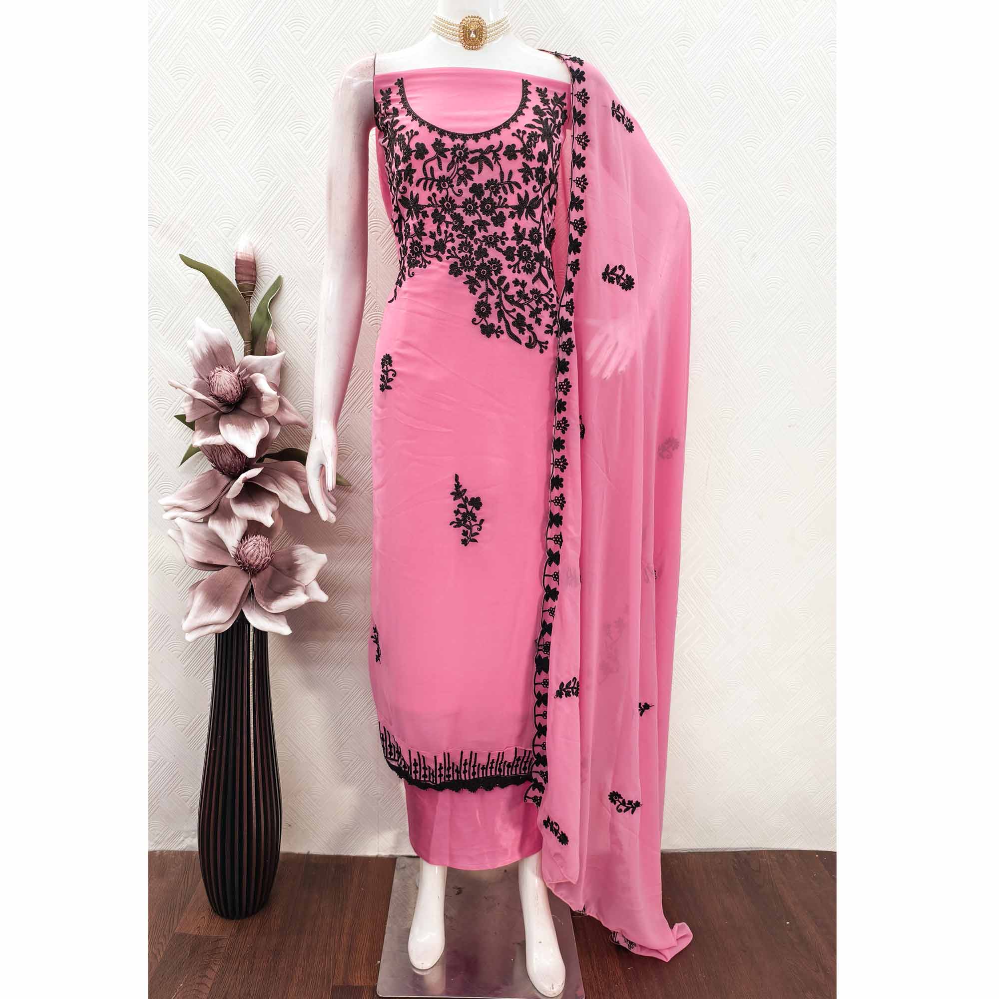 Designer Pink Floral Embroidered Georgette Material for Stylish Dresses and Outfits - Image 5