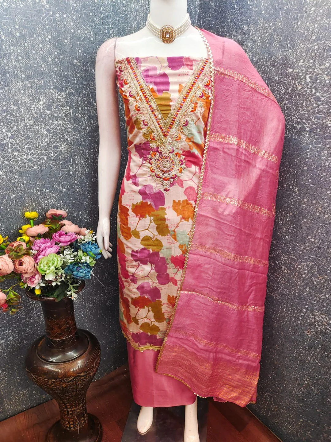 Designer Pink Floral Print With Cording Sequins Embroidered Silk Blend Dress Material - Image 2