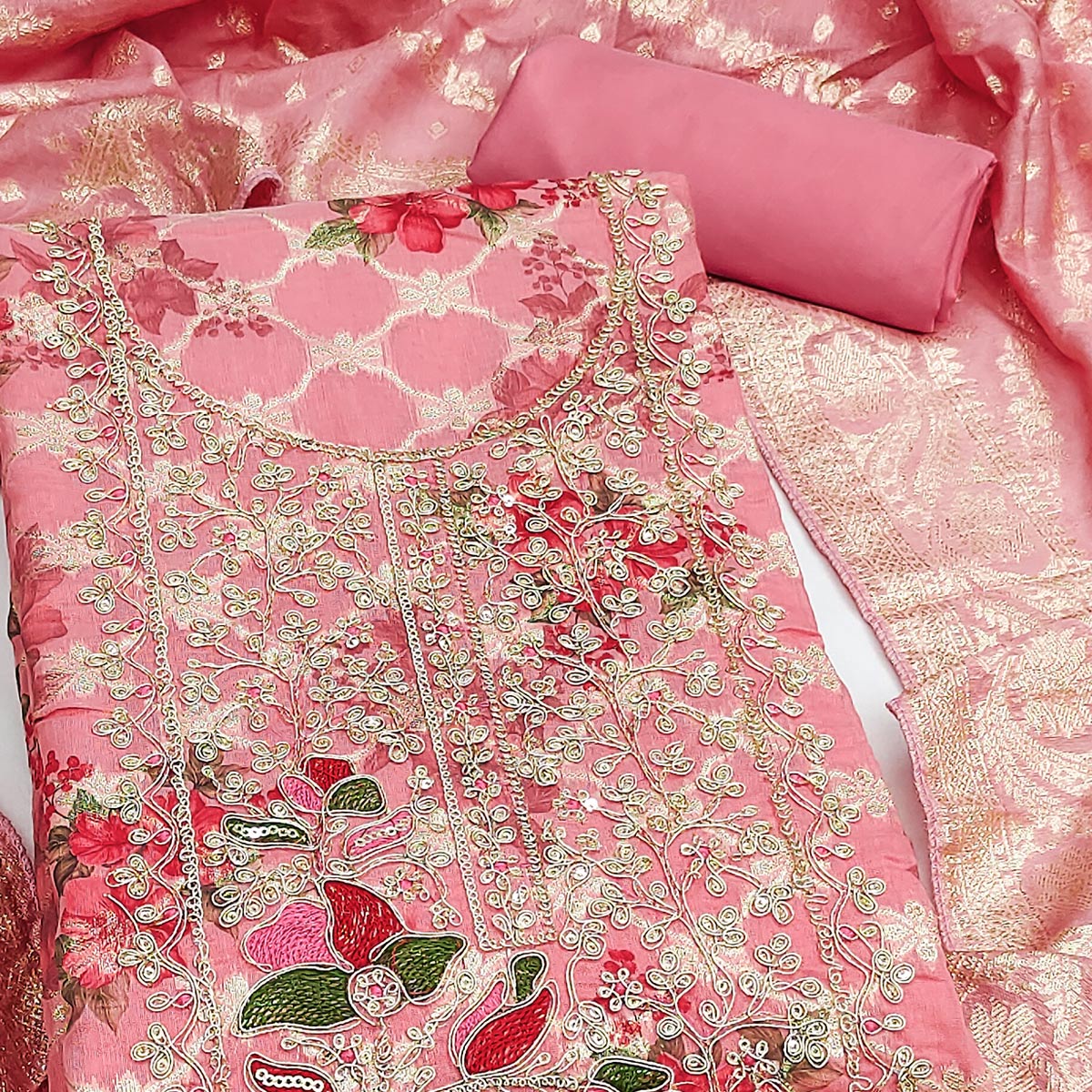 Designer Pink Floral Weaving Banarasi Silk Dress Material With Intricate Cording Embroidery - Image 2