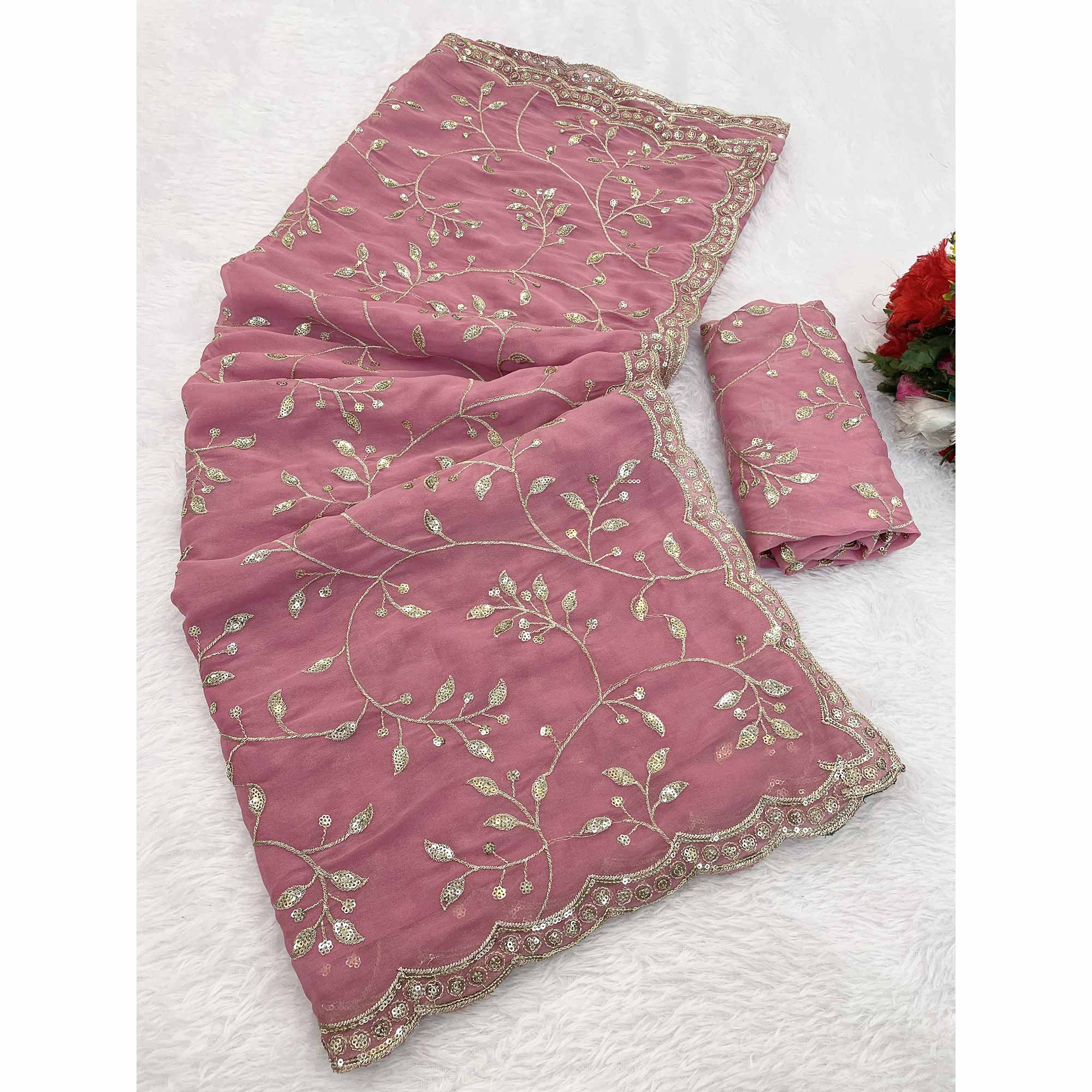 Designer Pink Georgette Saree Featuring Intricate Sequins & Embroidery Work - Image 3