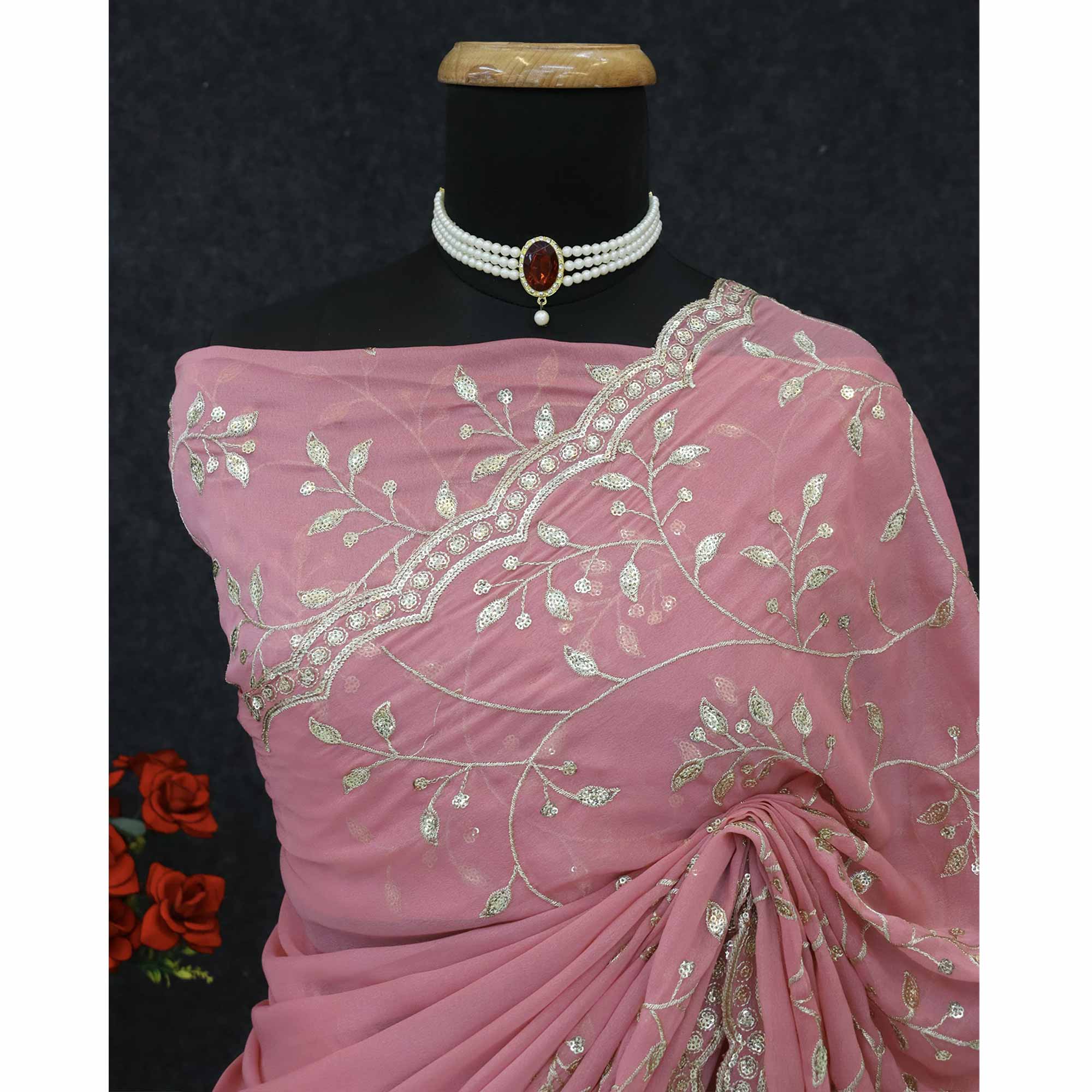 Designer Pink Georgette Saree Featuring Intricate Sequins & Embroidery Work - Image 8