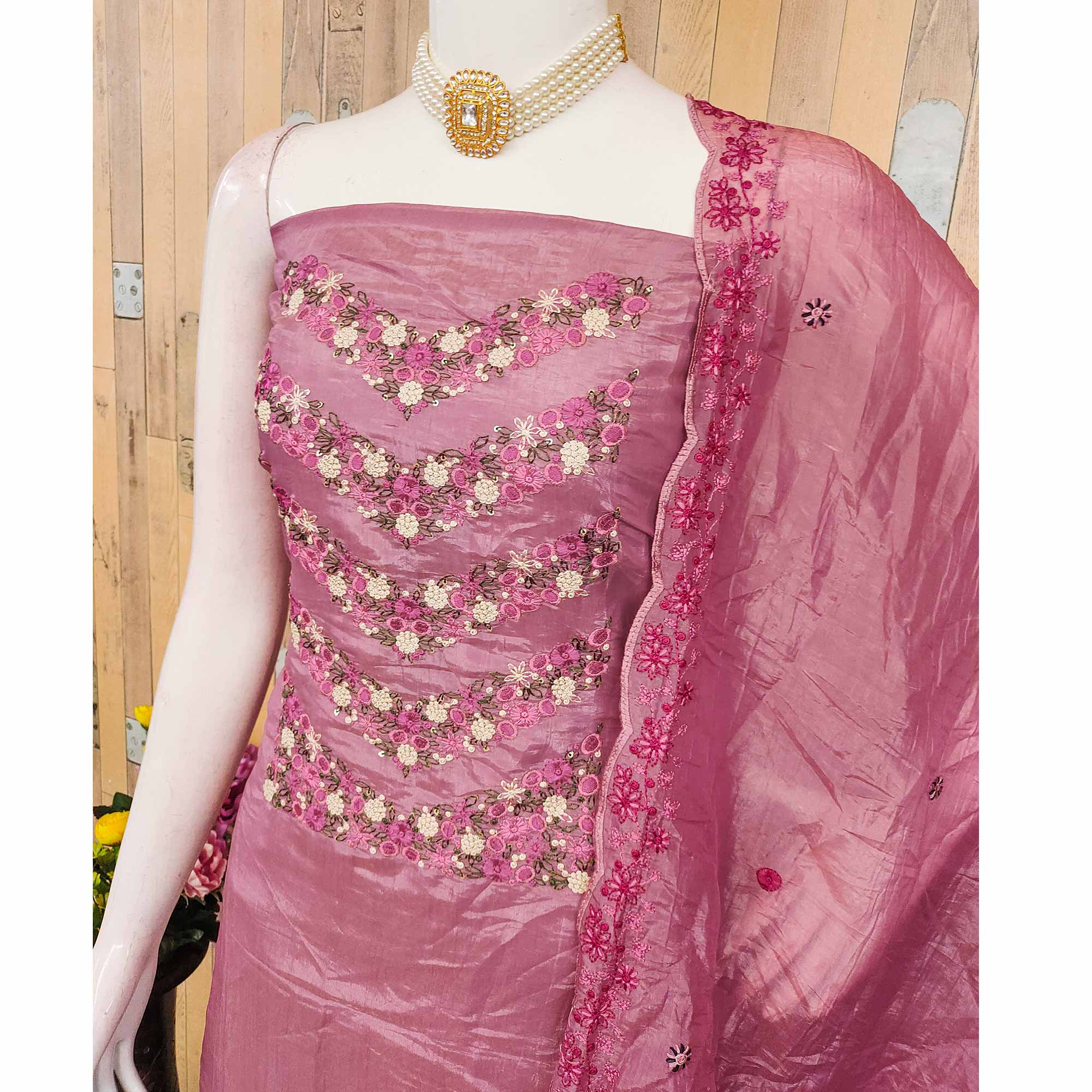Designer Pink Gold Crush Organza Dress Material With Intricate Floral Thread & Sequins Detailing - Image 4