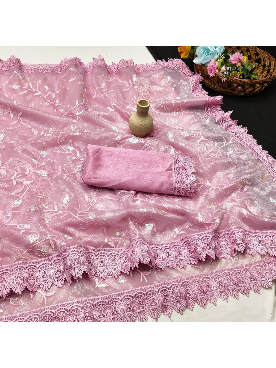Designer Pink Net Saree with Sequins Work and Lace Border Modern Ethnic Style - Image 3