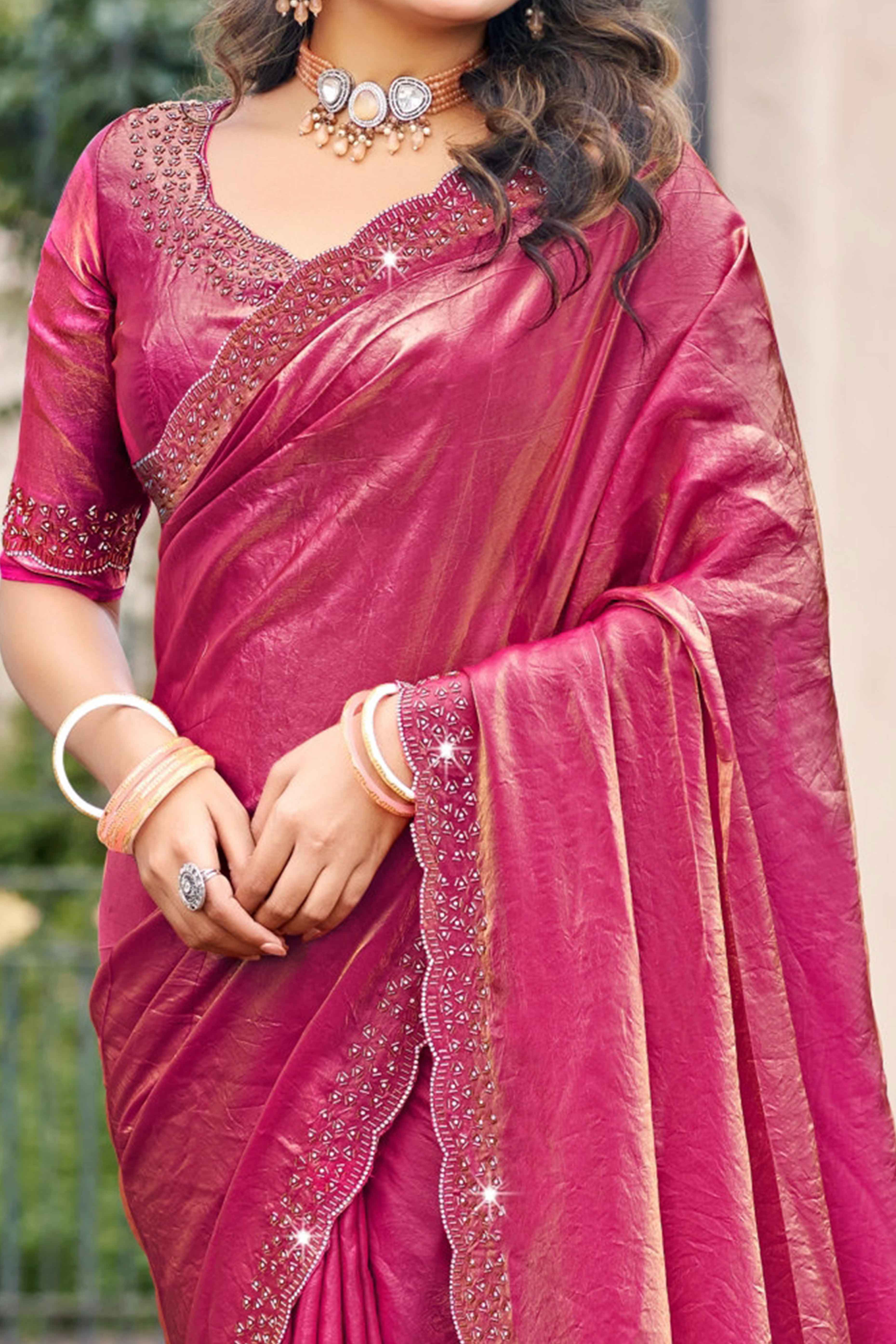 Designer Pink Satin Saree Featuring Elegant Beads and Stone Embellishments - Image 2