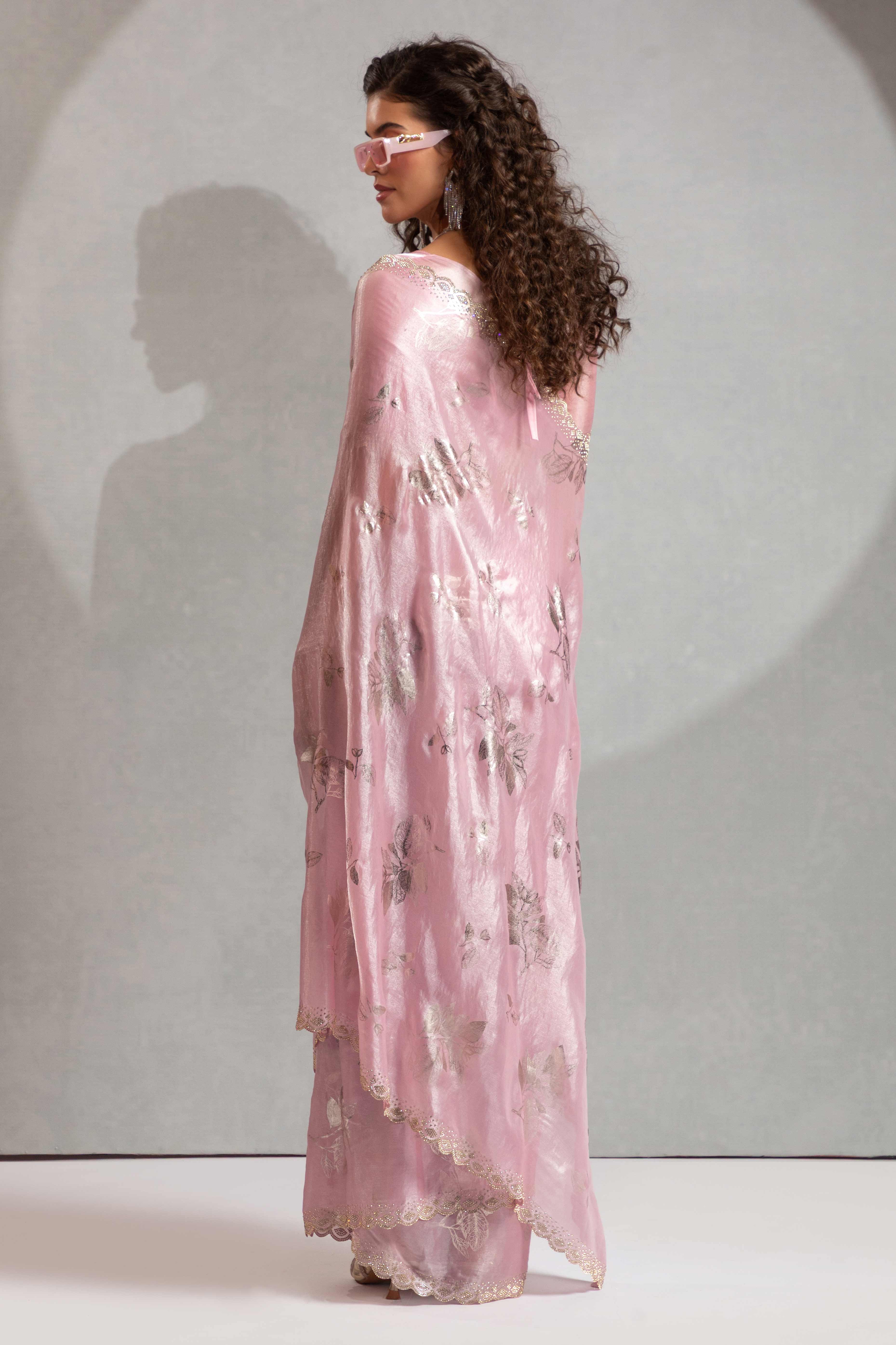 Designer Pink Satin Silk Saree Adorned with Foil & Stone Embellishments - Image 4
