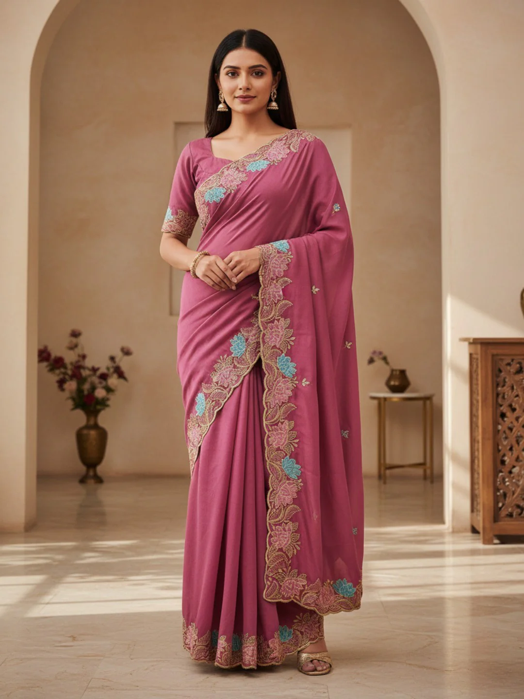 Designer Pink Tussar Silk Saree with Premium Floral Embroidered Border Work