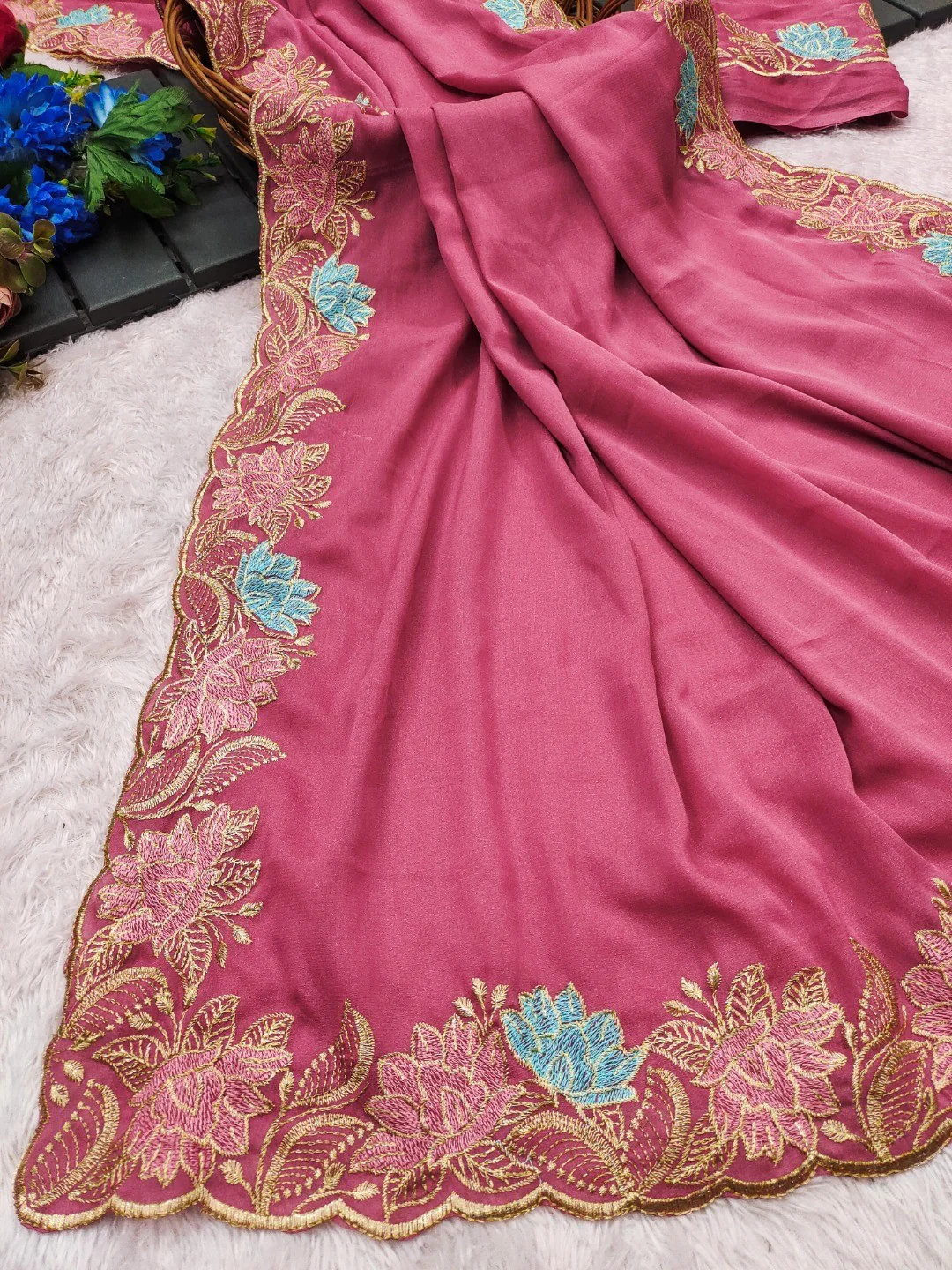 Designer Pink Tussar Silk Saree with Premium Floral Embroidered Border Work - Image 3