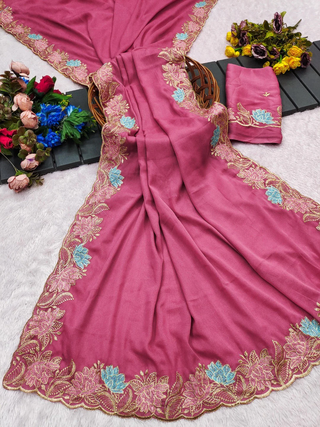 Designer Pink Tussar Silk Saree with Premium Floral Embroidered Border Work - Image 4