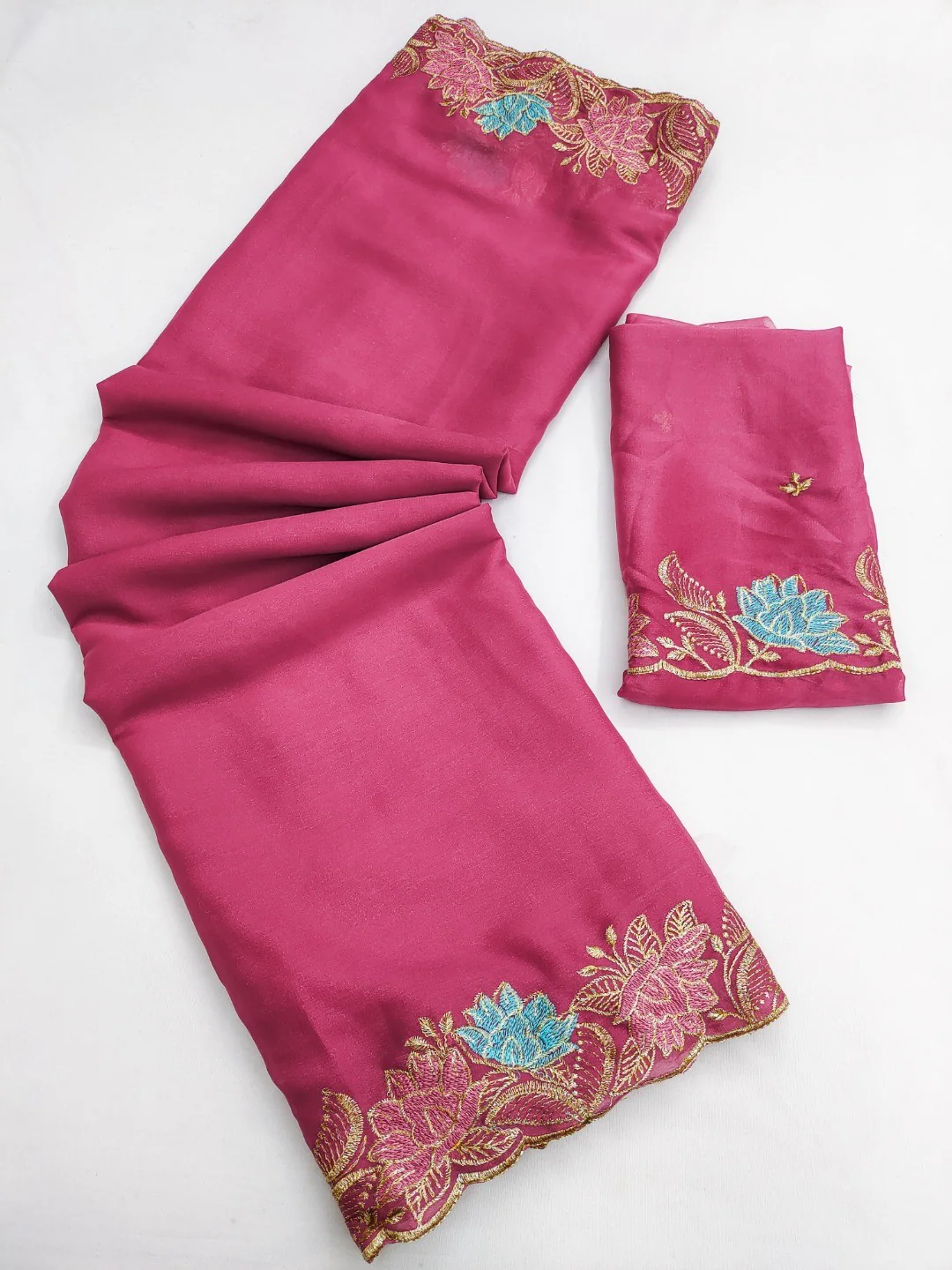 Designer Pink Tussar Silk Saree with Premium Floral Embroidered Border Work - Image 5