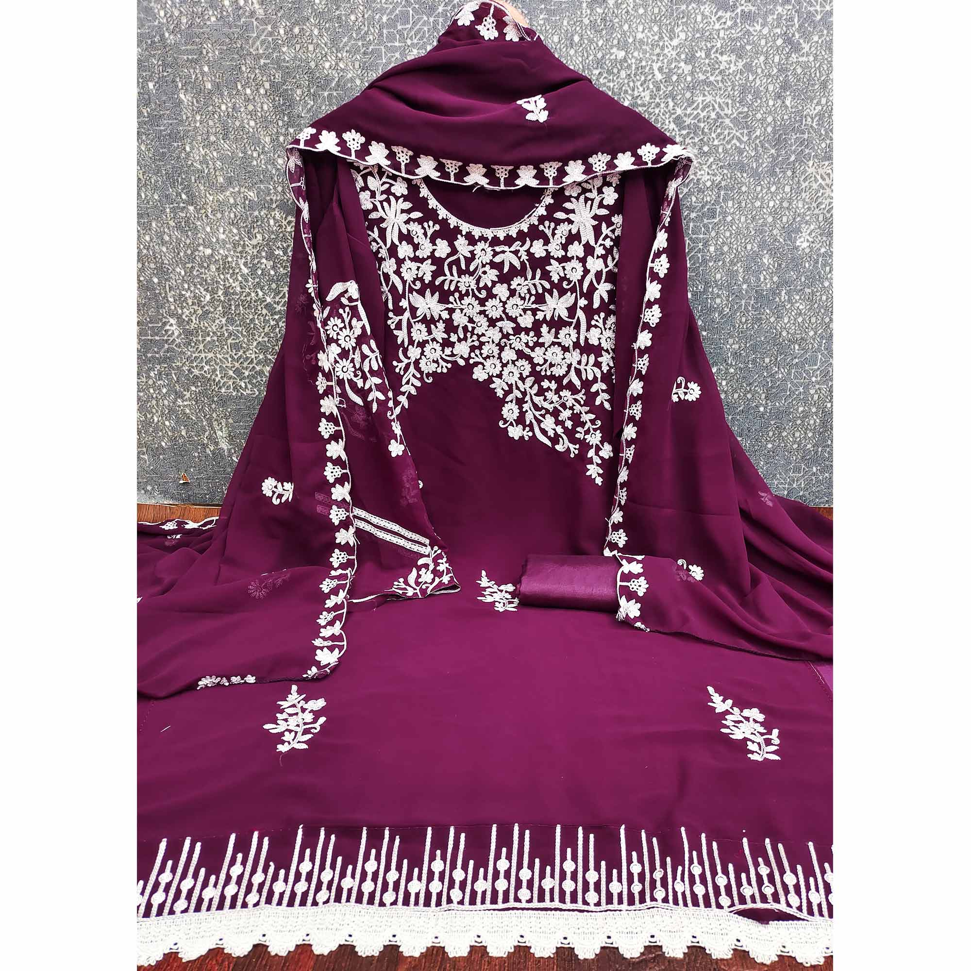 Designer Plum Purple Floral Embroidered Georgette Material for Stylish Dresses and Outfits - Image 4