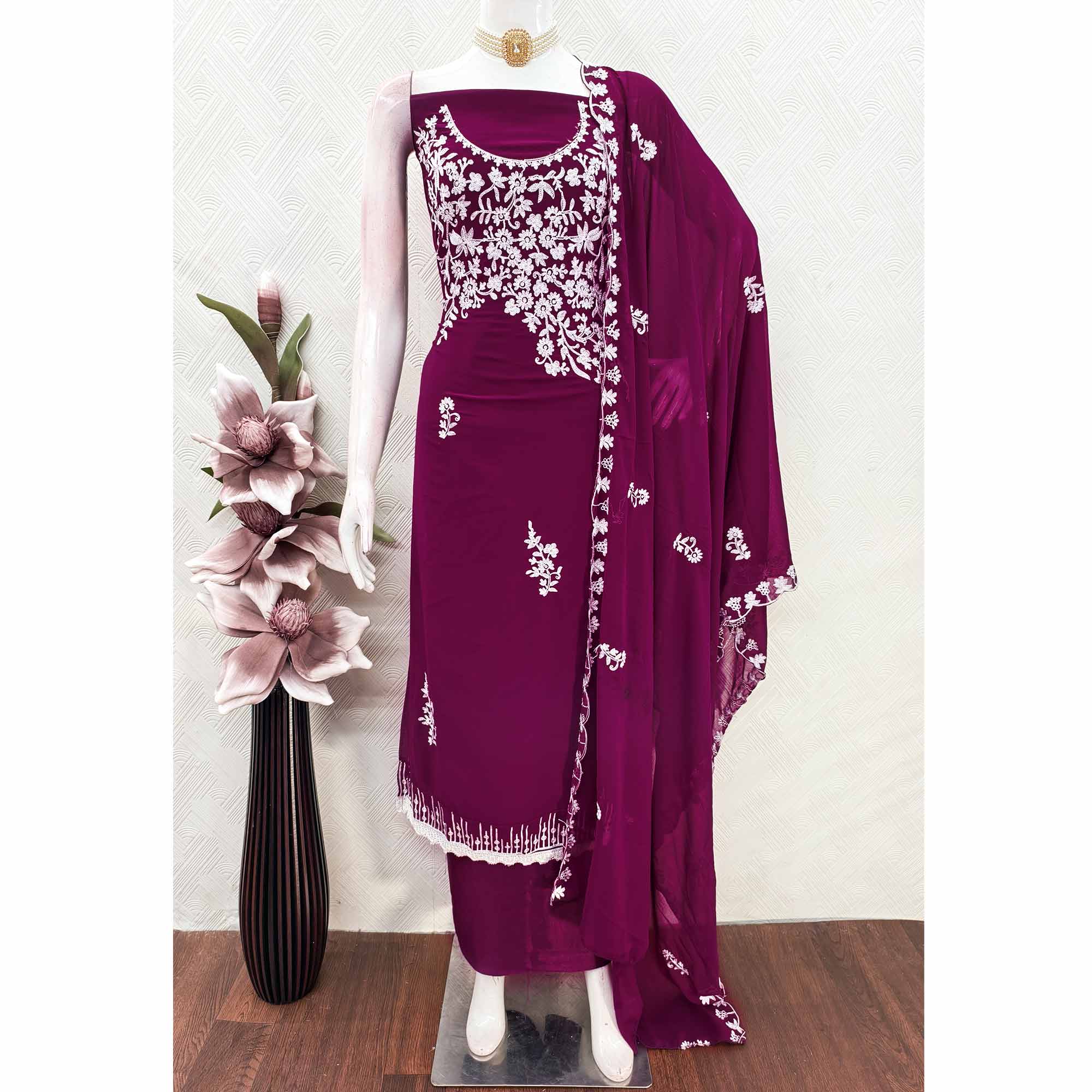 Designer Plum Purple Floral Embroidered Georgette Material for Stylish Dresses and Outfits - Image 5