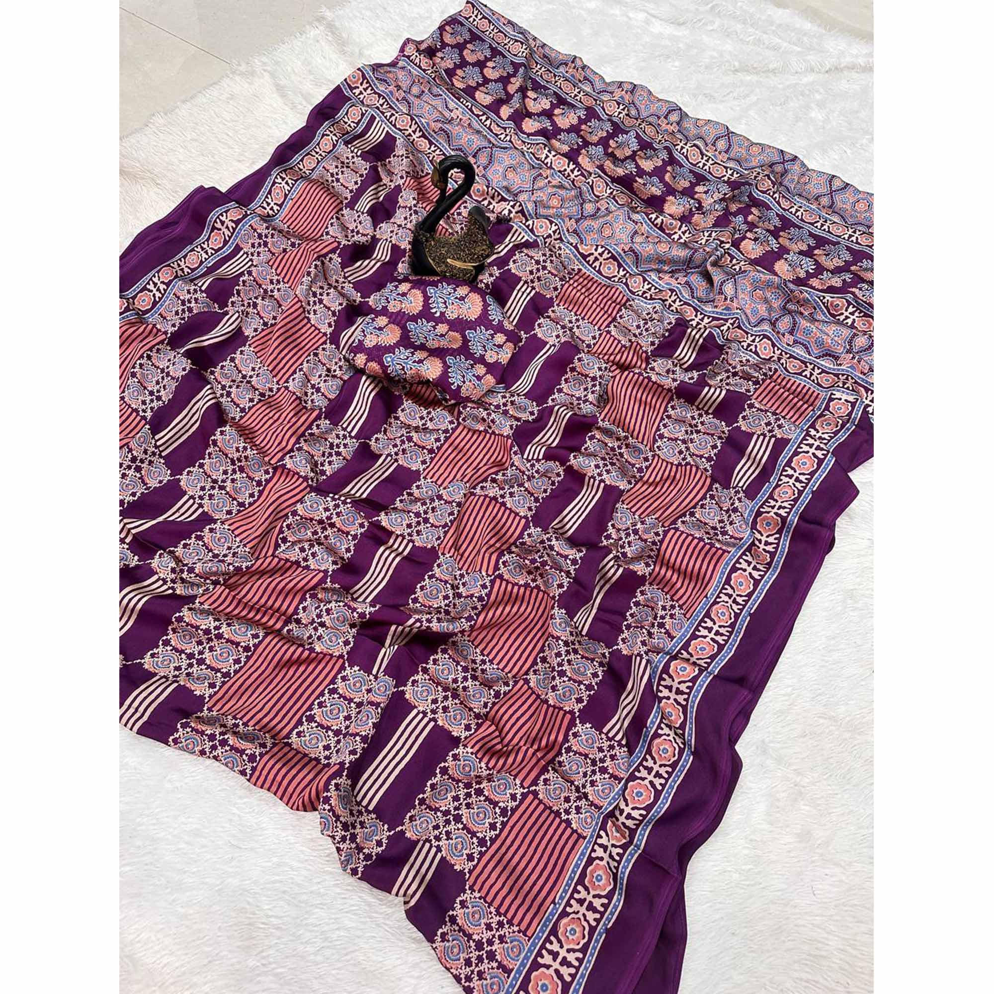 Designer Purple Ajrakh Print Pure Silk Saree for Special Occasions - Image 3