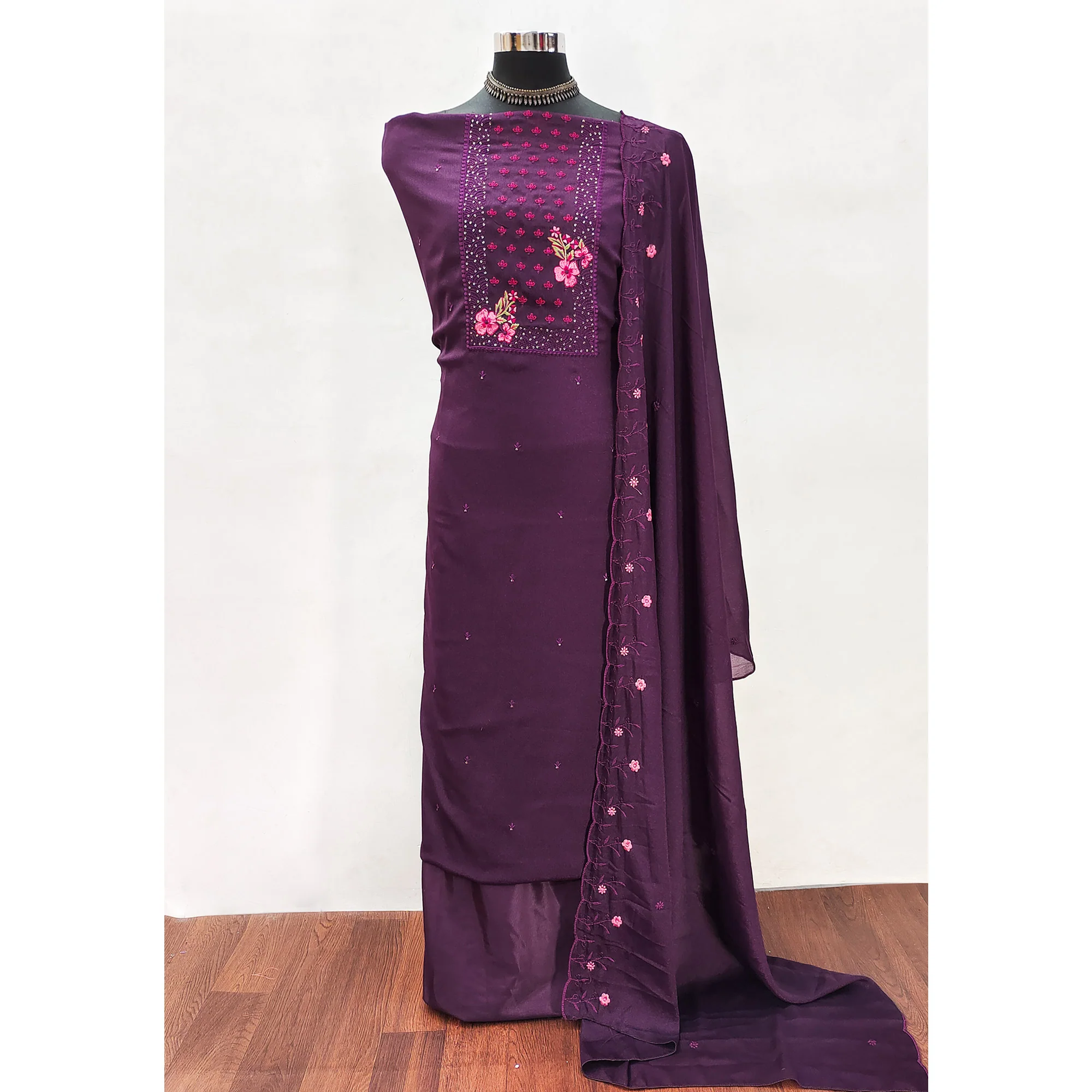 Designer Purple Georgette Fabric with Intricate Floral Embroidery - Image 3