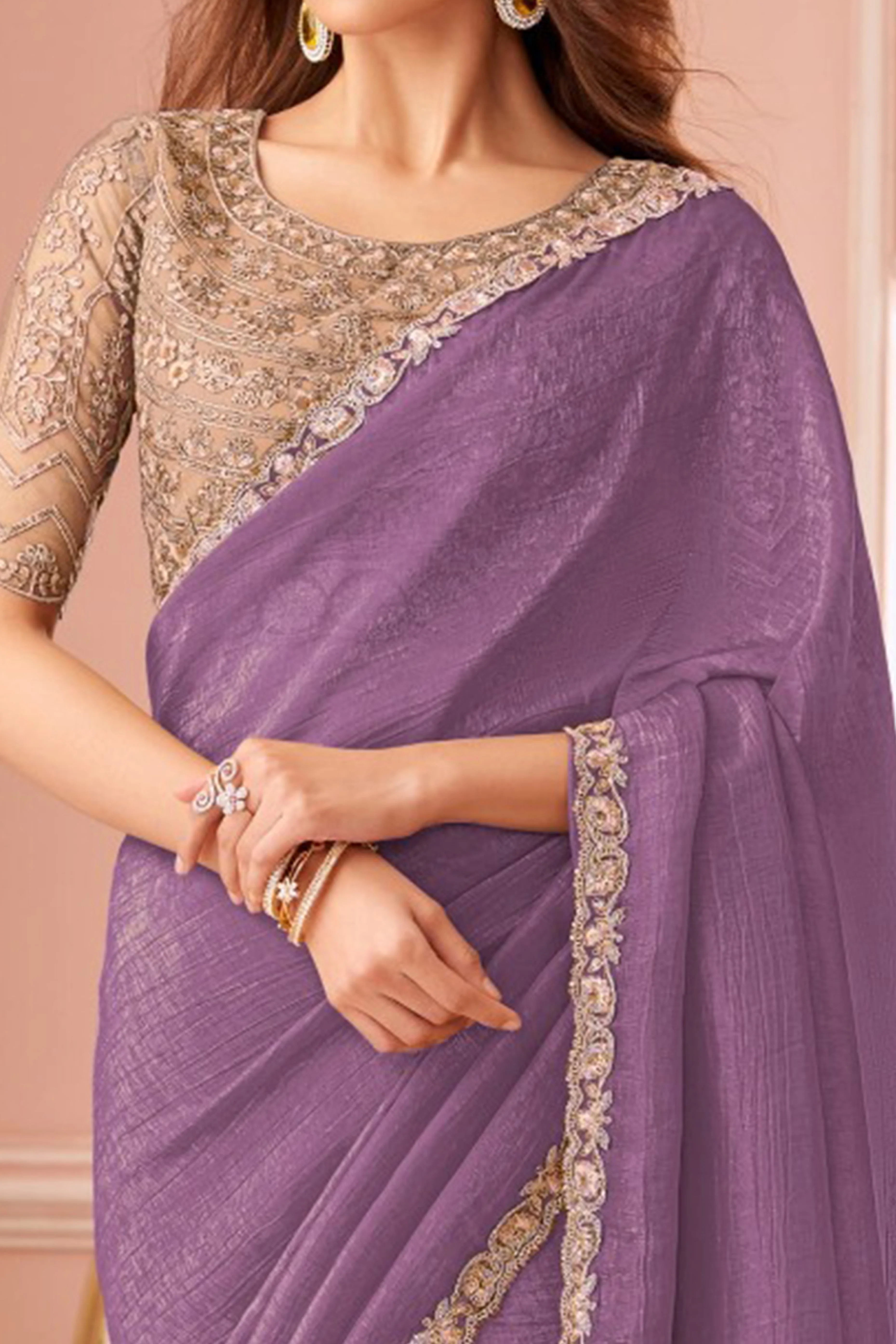 Designer Purple Sequin Embroidered Georgette Saree for Party Functions - Image 2