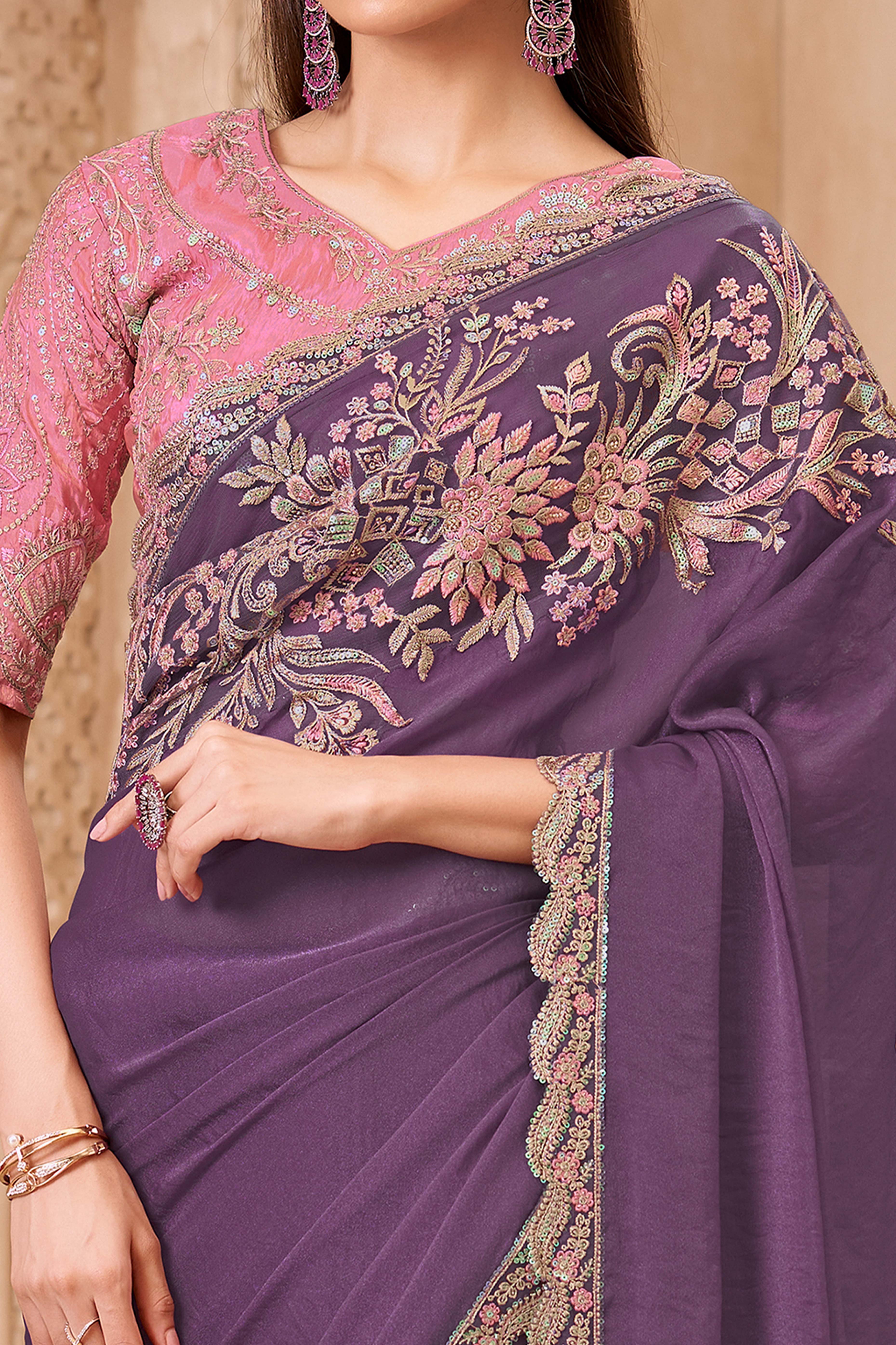 Designer Purple Thread Embroidered Satin Saree with Sequin Highlights - Image 2
