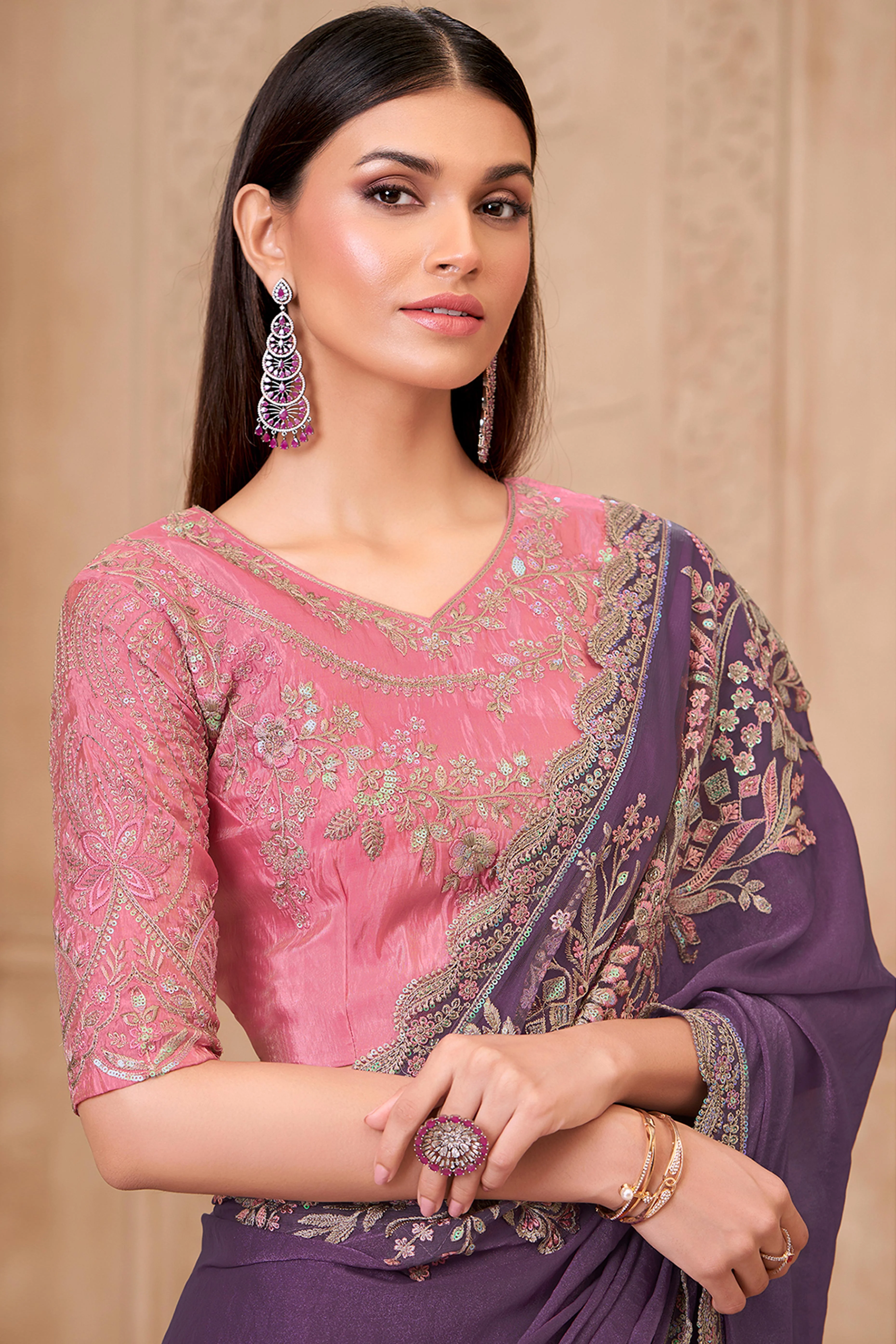 Designer Purple Thread Embroidered Satin Saree with Sequin Highlights - Image 3