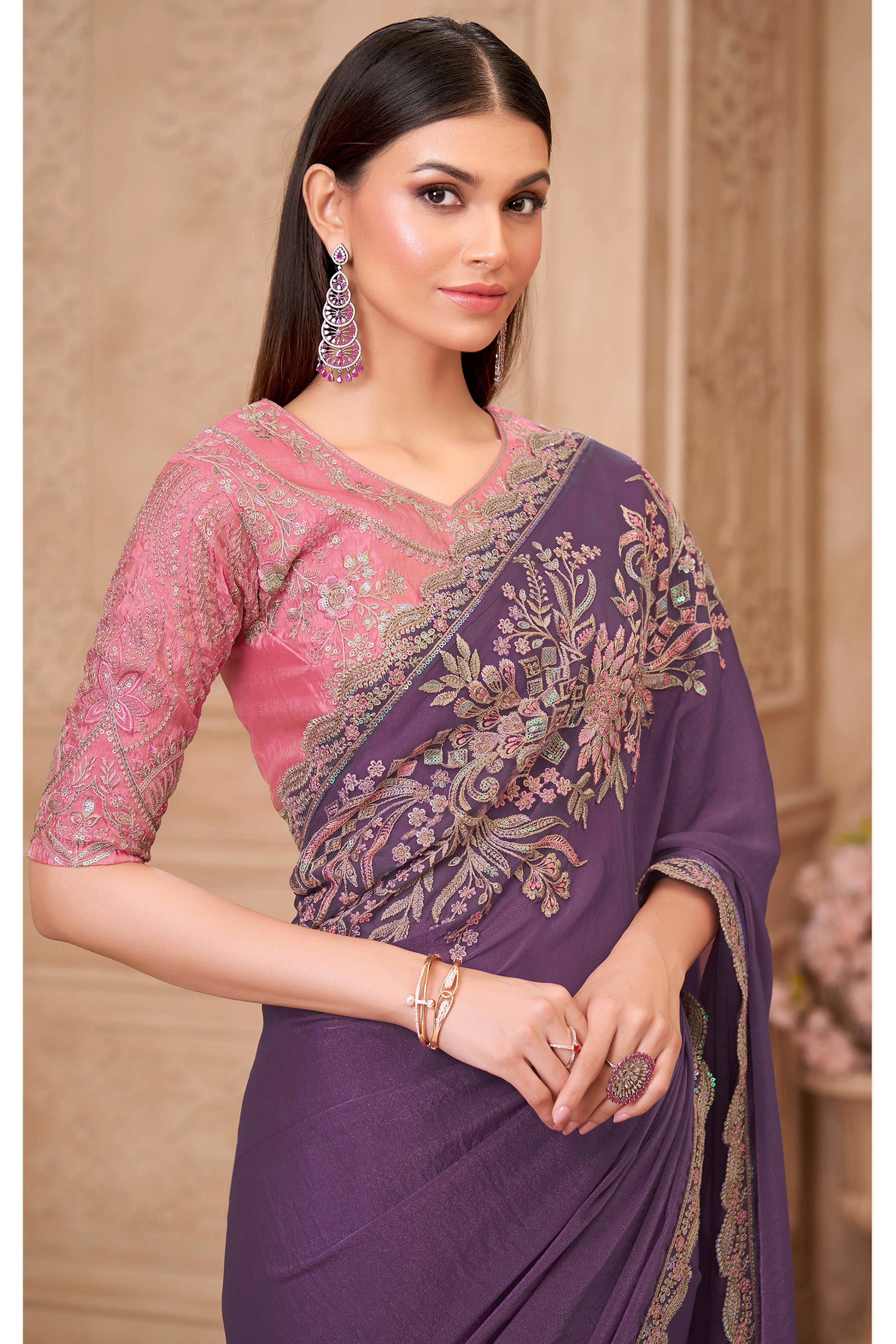 Designer Purple Thread Embroidered Satin Saree with Sequin Highlights - Image 4