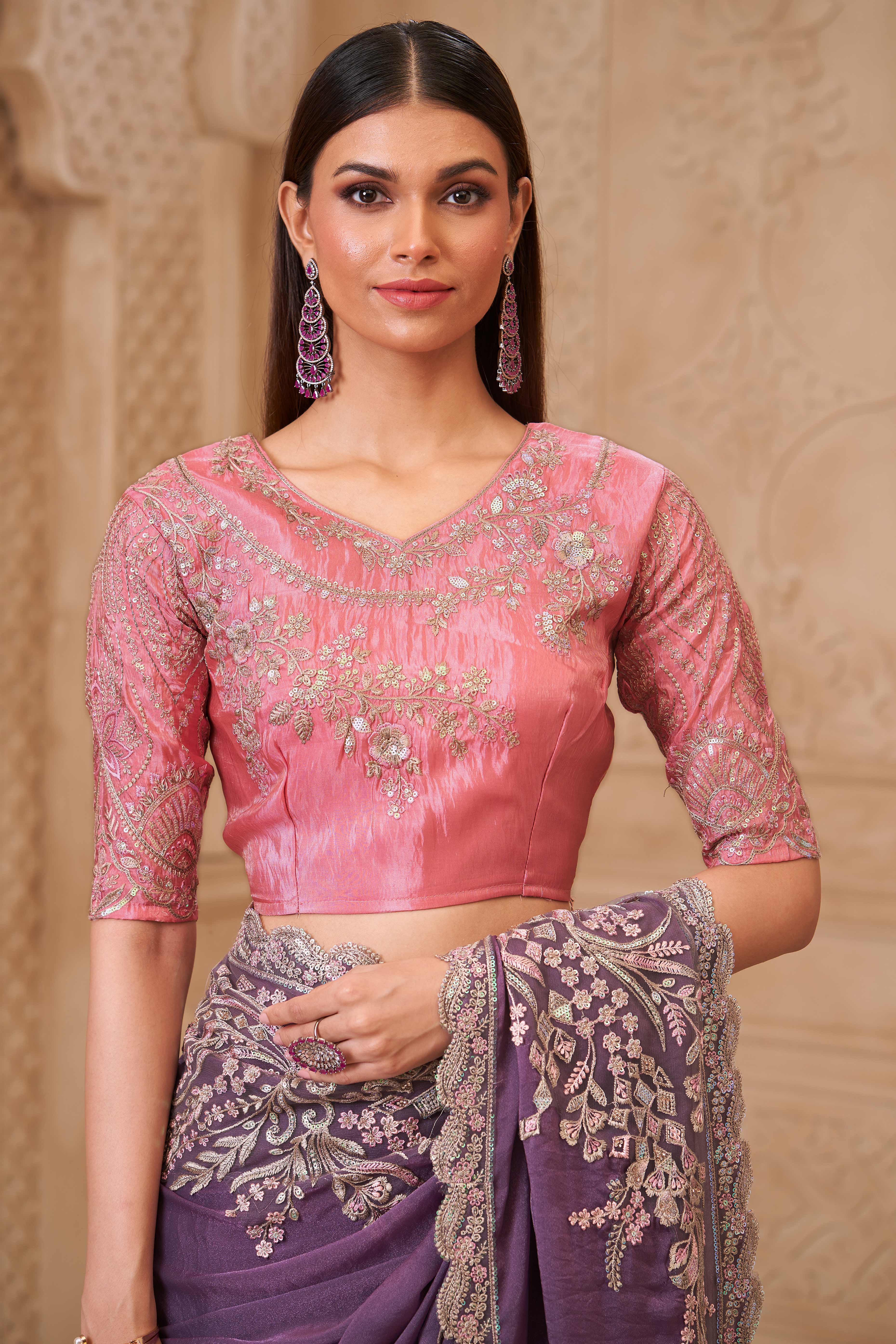 Designer Purple Thread Embroidered Satin Saree with Sequin Highlights - Image 5