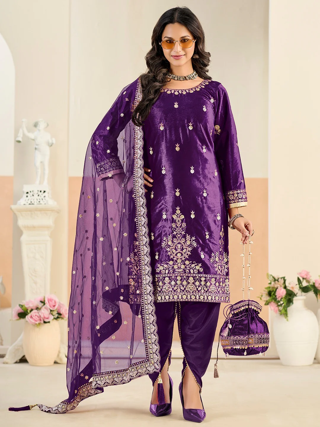 Designer Purple Velvet Salwar Suit with Intricate Sequins Embroidery Pattern