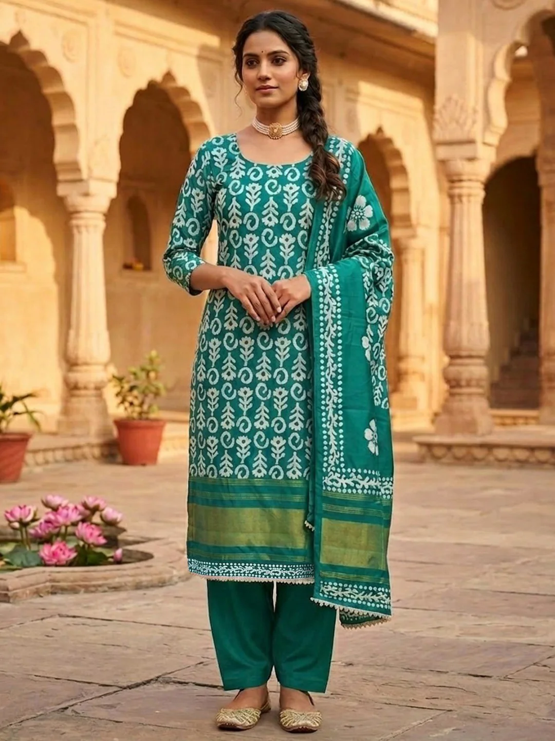 Designer Rama Green Floral Zari Woven Jacquard Dress Material With Classic Ethnic Appeal