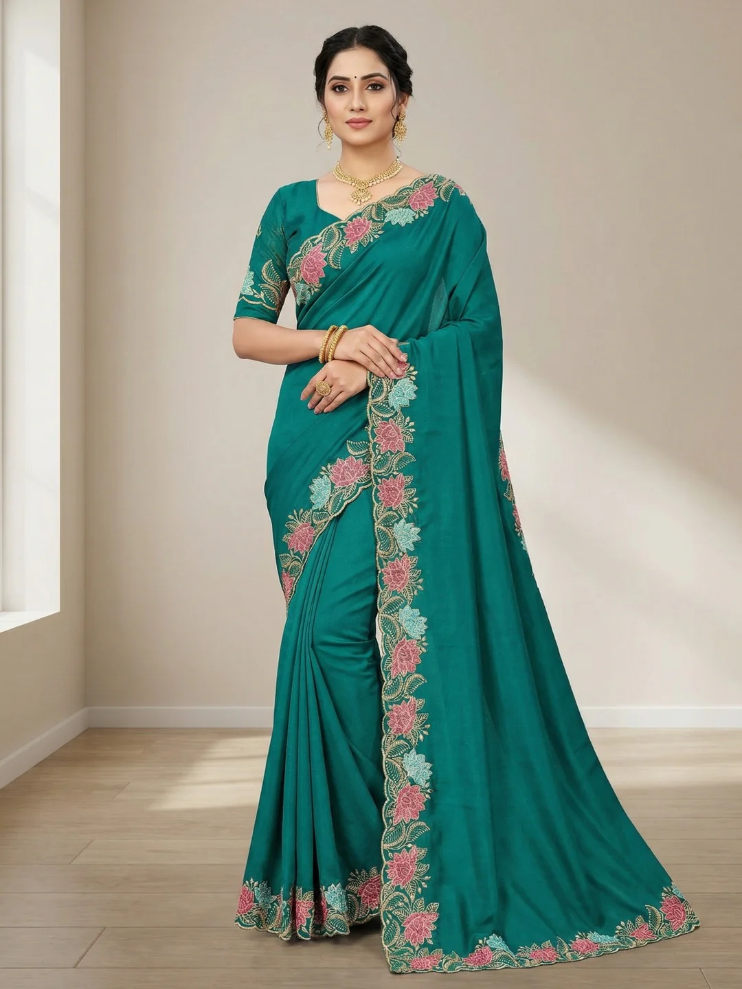 Designer Rama Green Tussar Silk Saree with Premium Floral Embroidered Border Work
