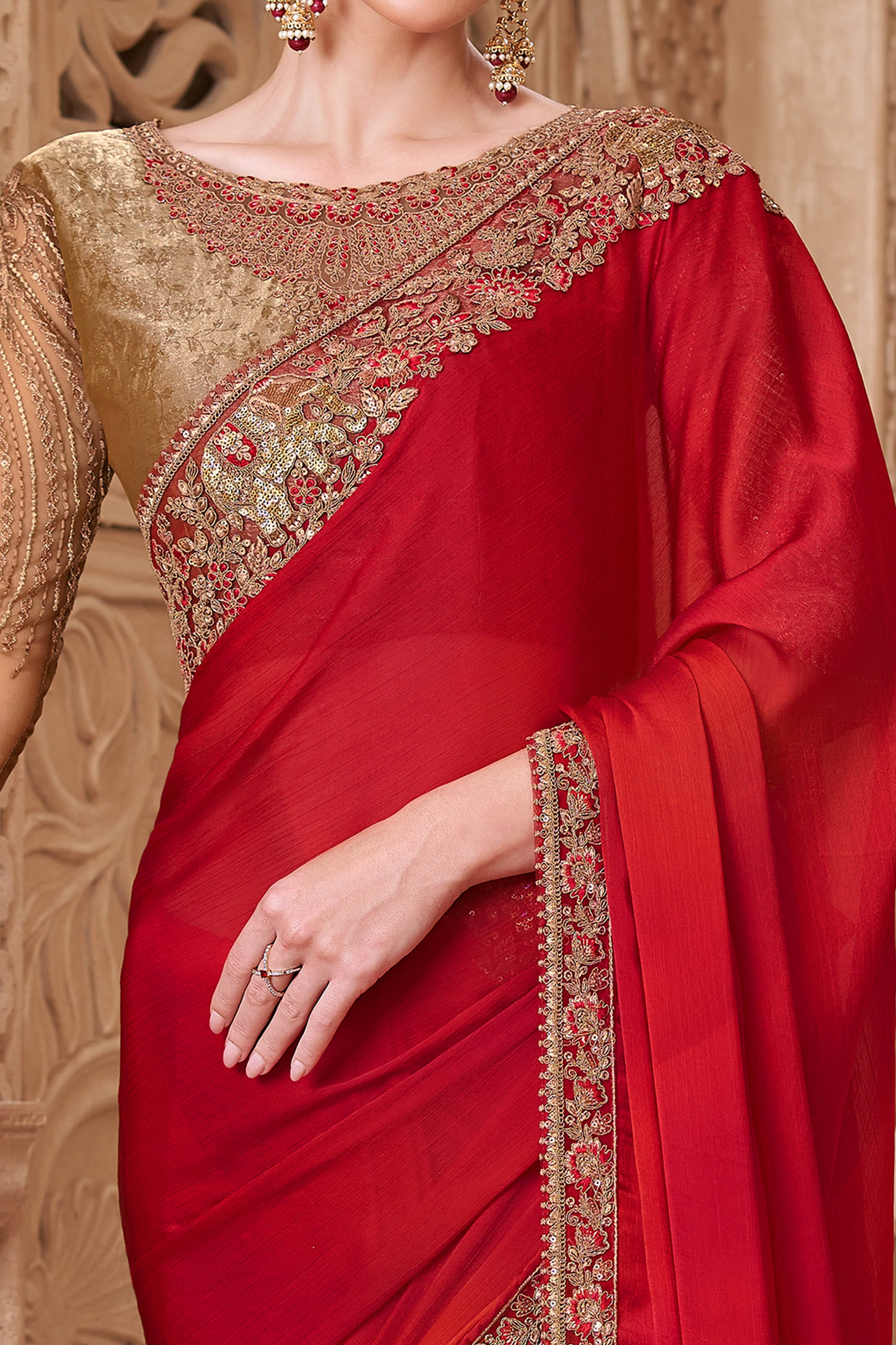 Designer Red Thread Embroidered Satin Saree with Sequin Highlights - Image 2