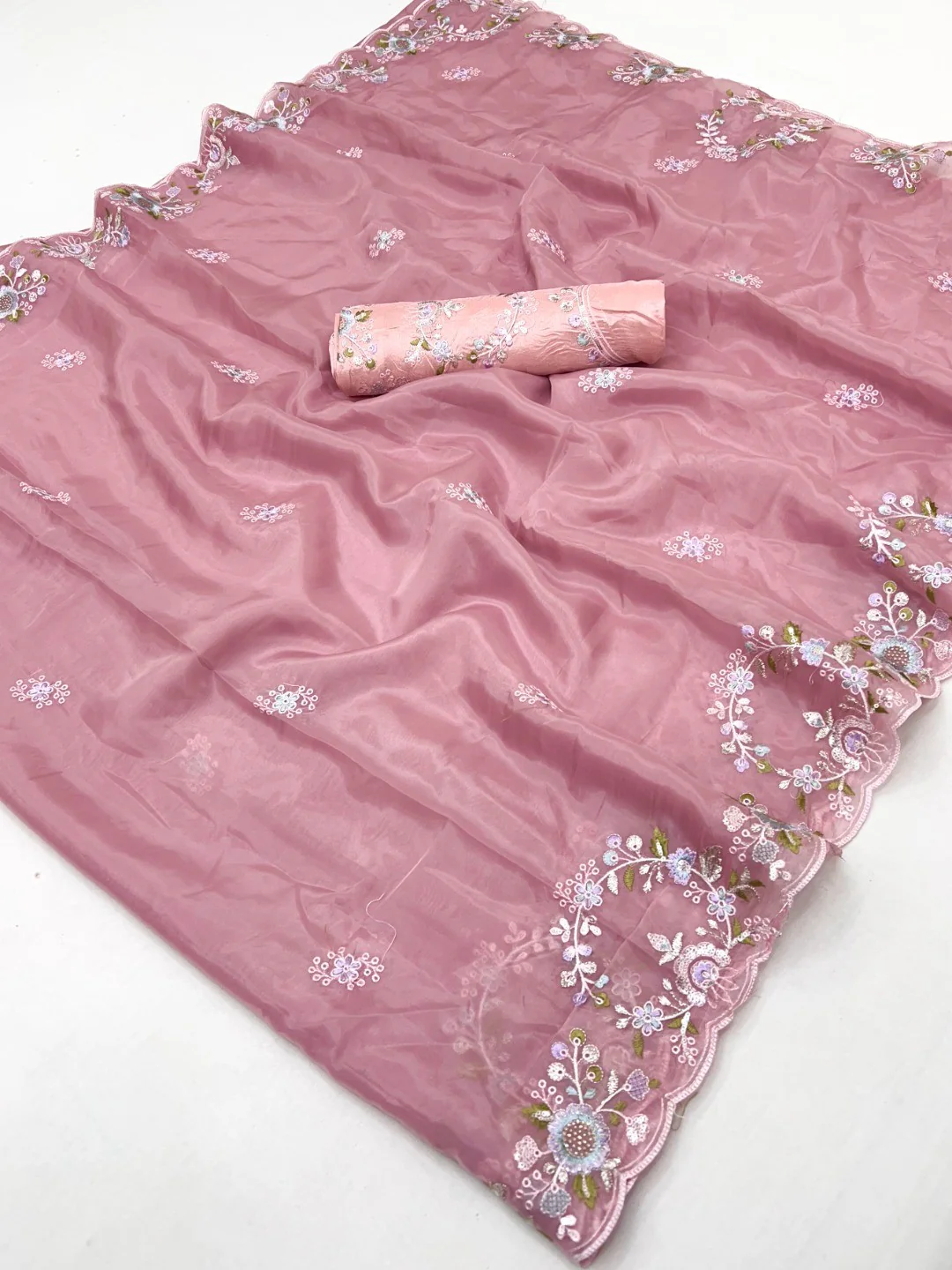 Designer Rose Pink Satin Saree With Floral Thread Embroidery & Sparkling Sequins Work - Image 3