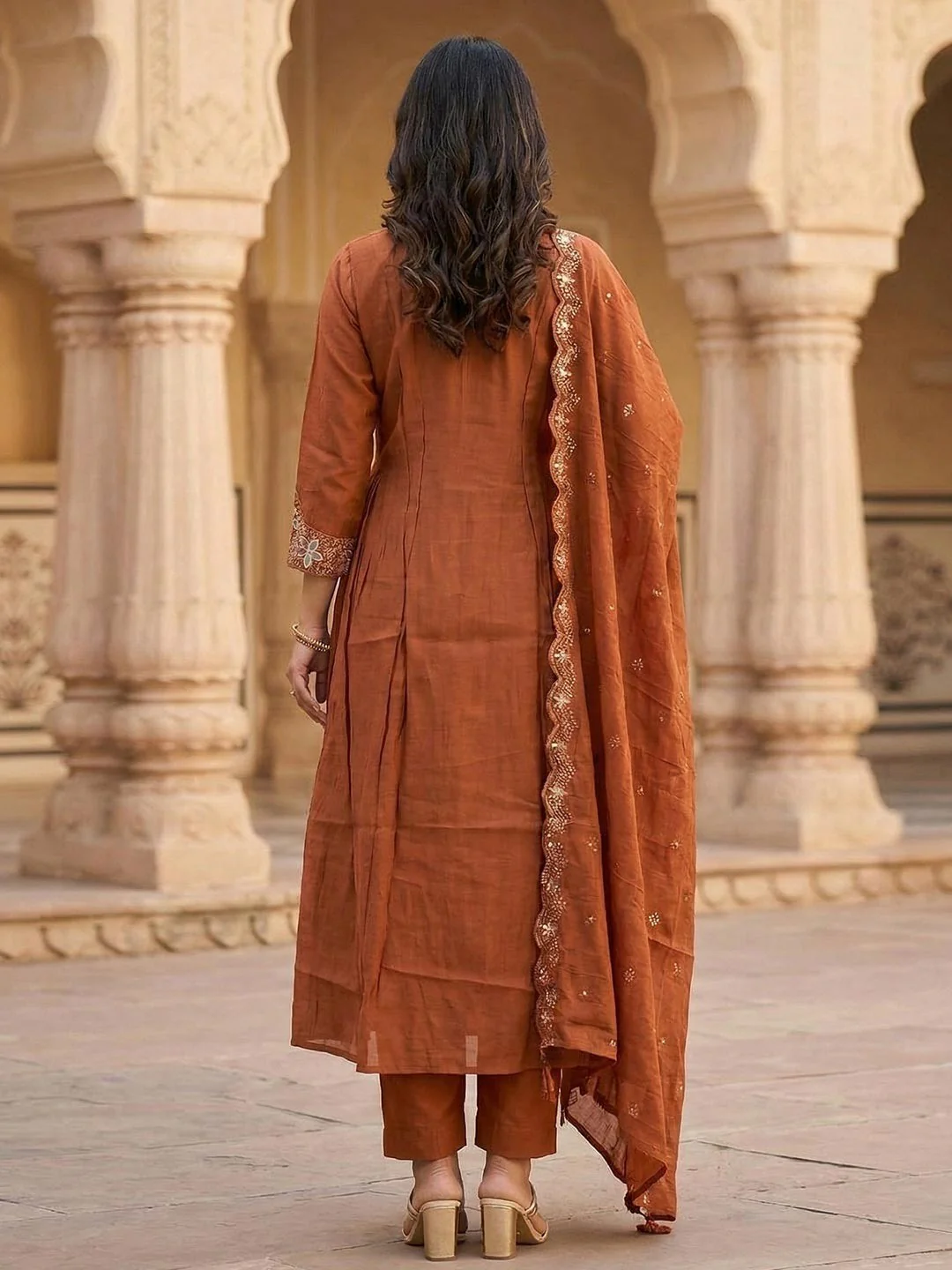 Designer Rust Mul Chanderi A-Line Suit Set with Fine Thread Embroidery for Timeless Ethnic Elegance - Image 3